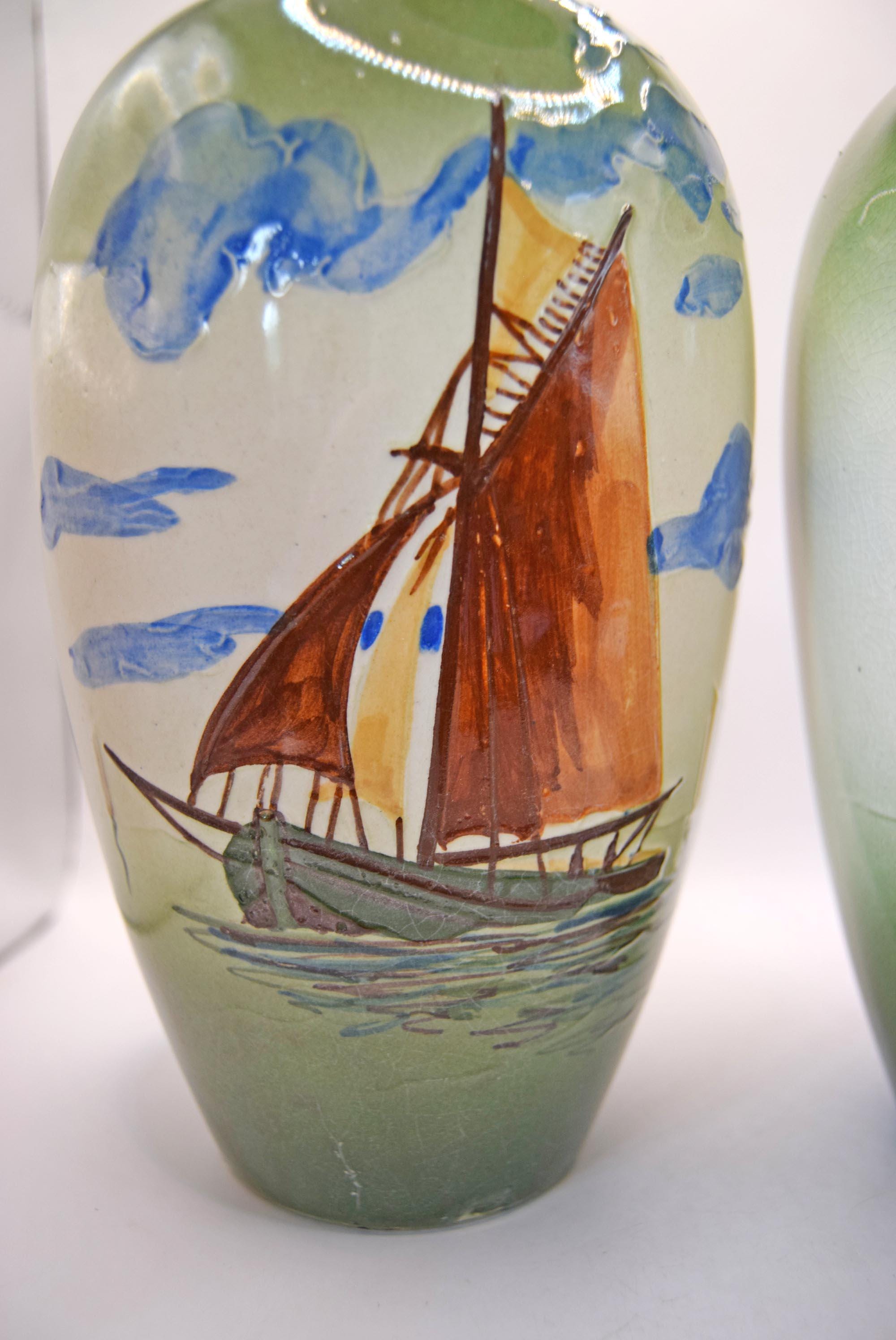 2 x Vintage Ceramic Vases with Hand Painted Boating Scenes | c1930s