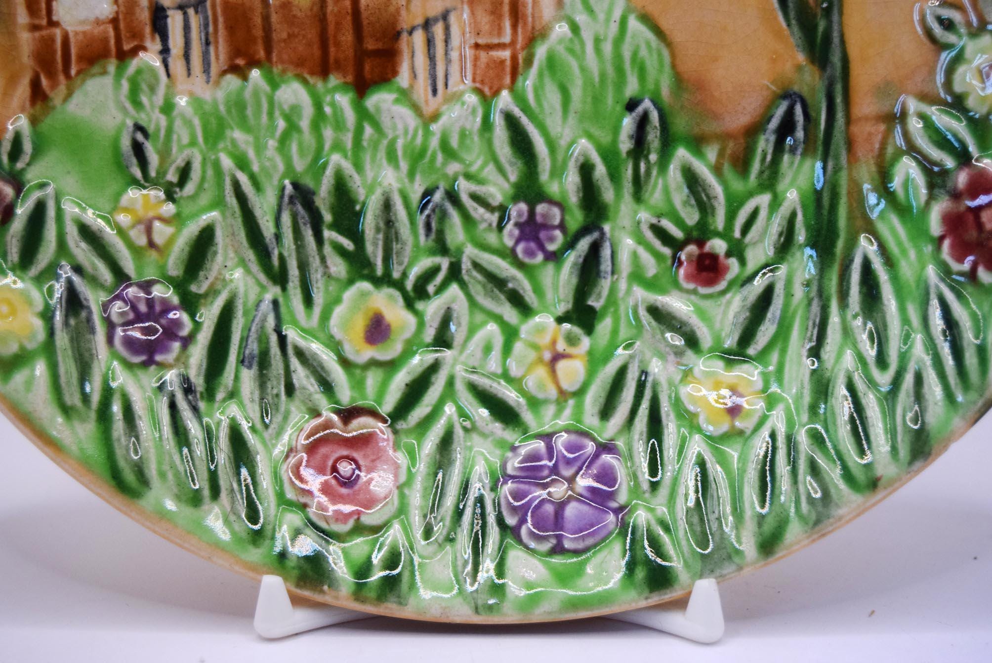 2 x Antique Majolica plates - Shorter & Son Staffordshire plates. Cottage Garden design. 1920s