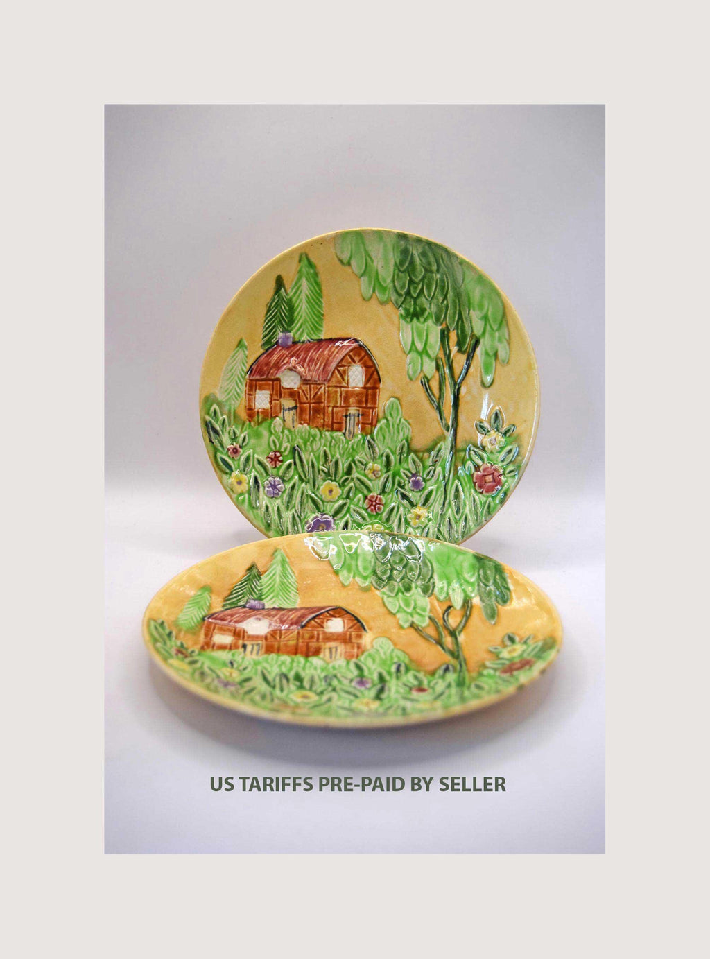 2 x Antique Majolica plates - Shorter & Son Staffordshire plates. Cottage Garden design. 1920s
