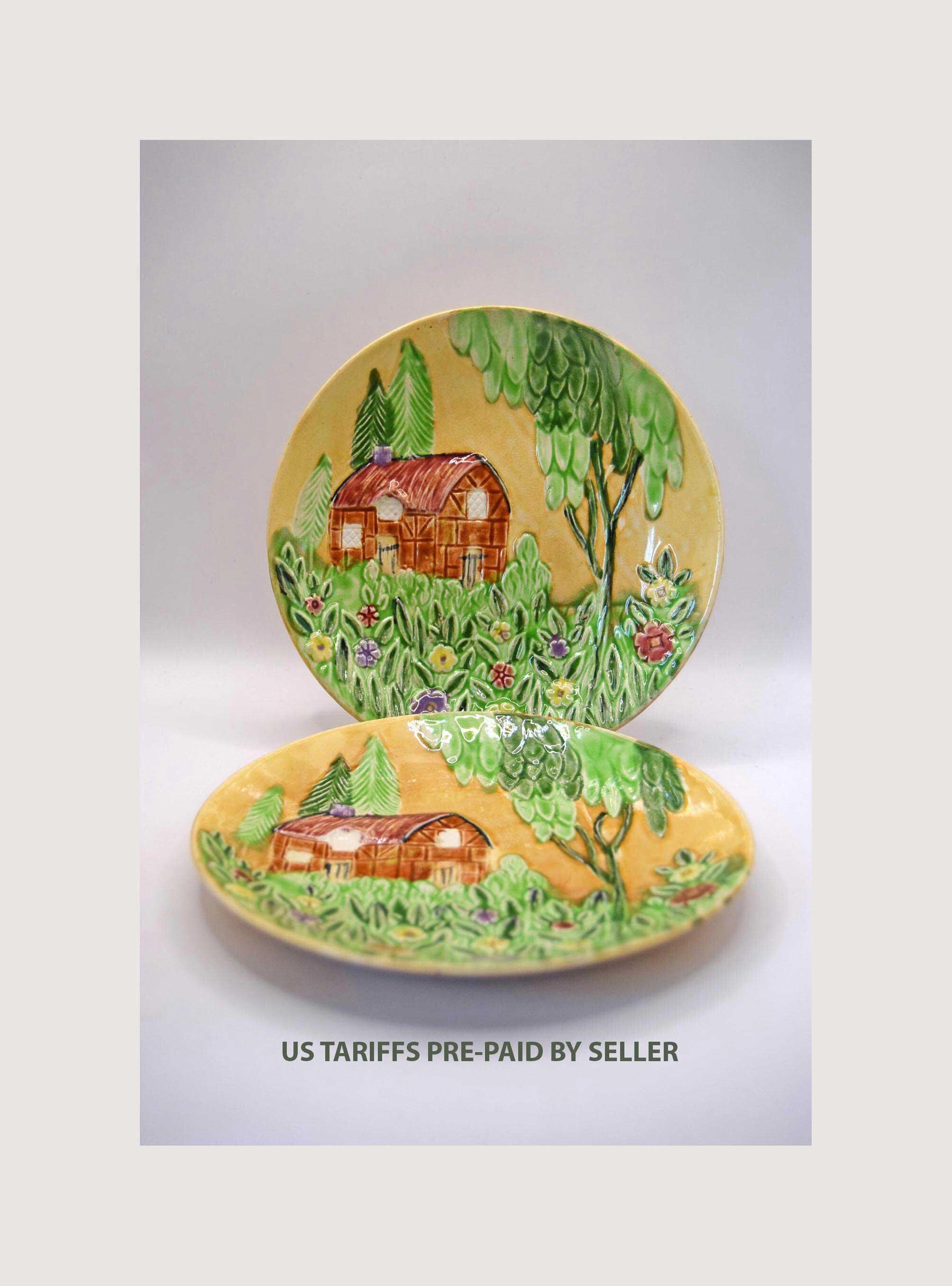 2 x Antique Majolica plates - Shorter & Son Staffordshire plates. Cottage Garden design. 1920s