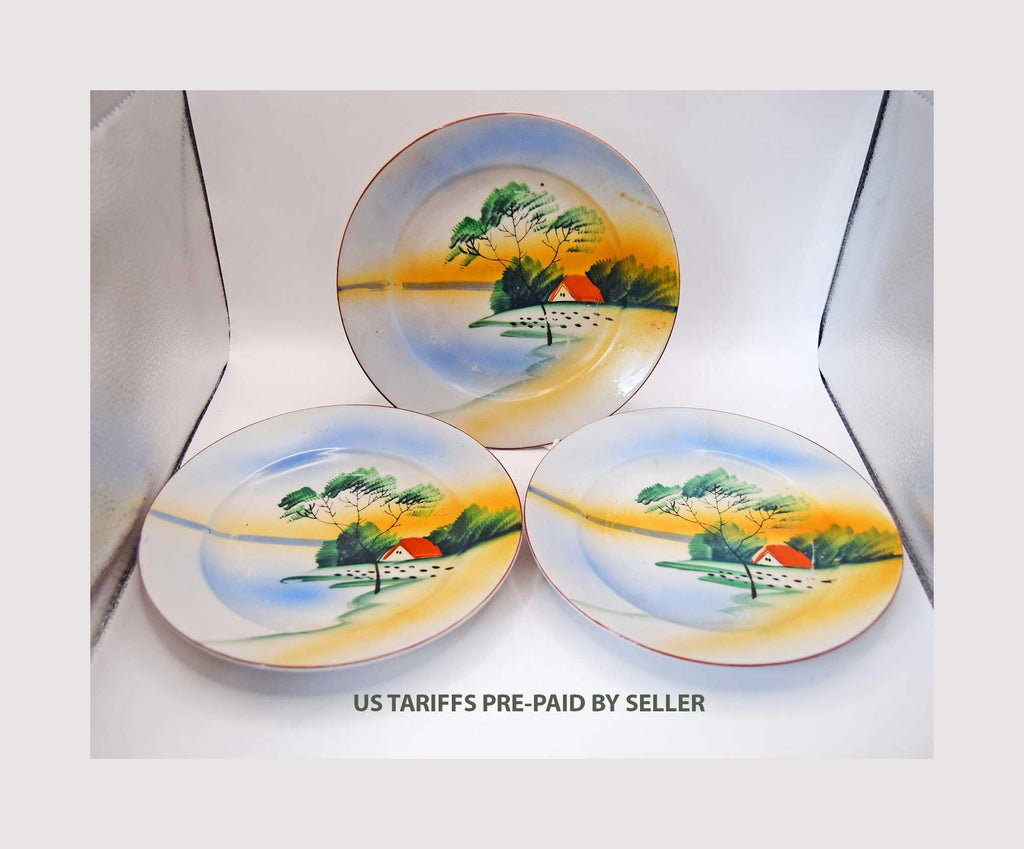3 x Japanese Plates - House by the Lake - Tea Side Plate - Handpainted 7.25" diameter 1930s