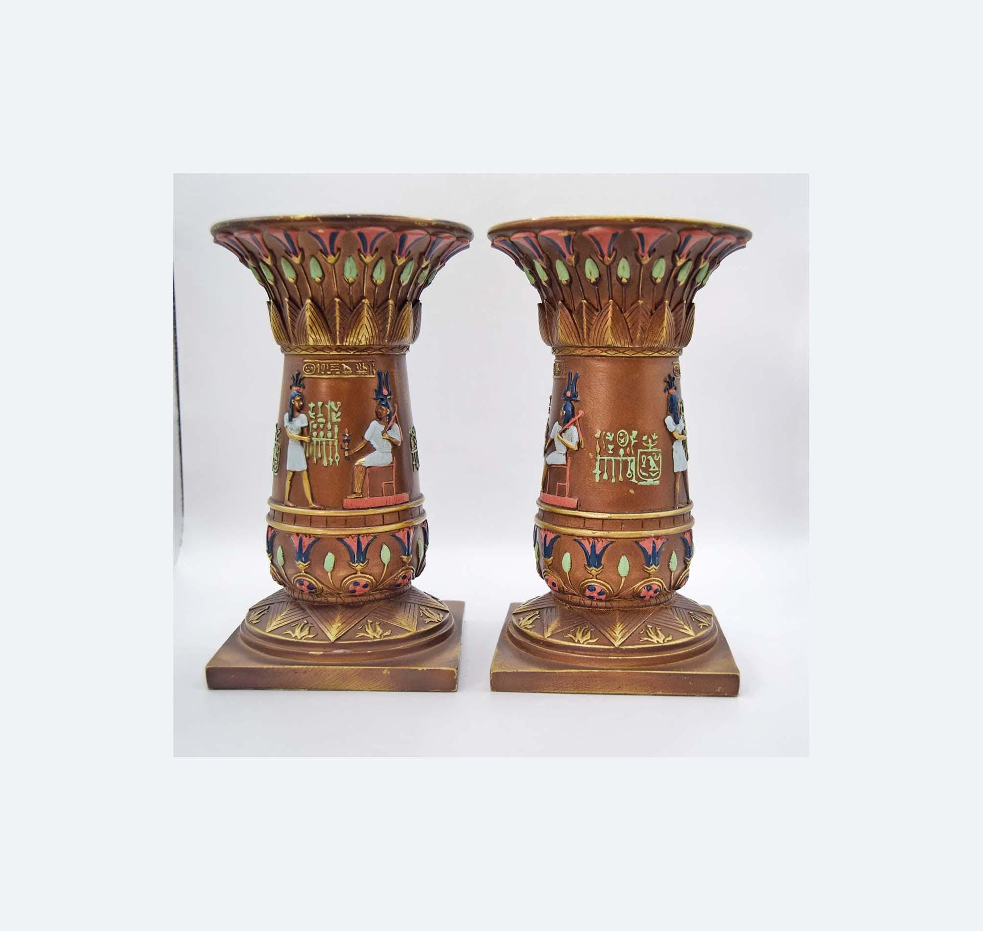 Pair of Veronese Pharoahese Cold Cast Resin Candleholders Pedestals Plantholders