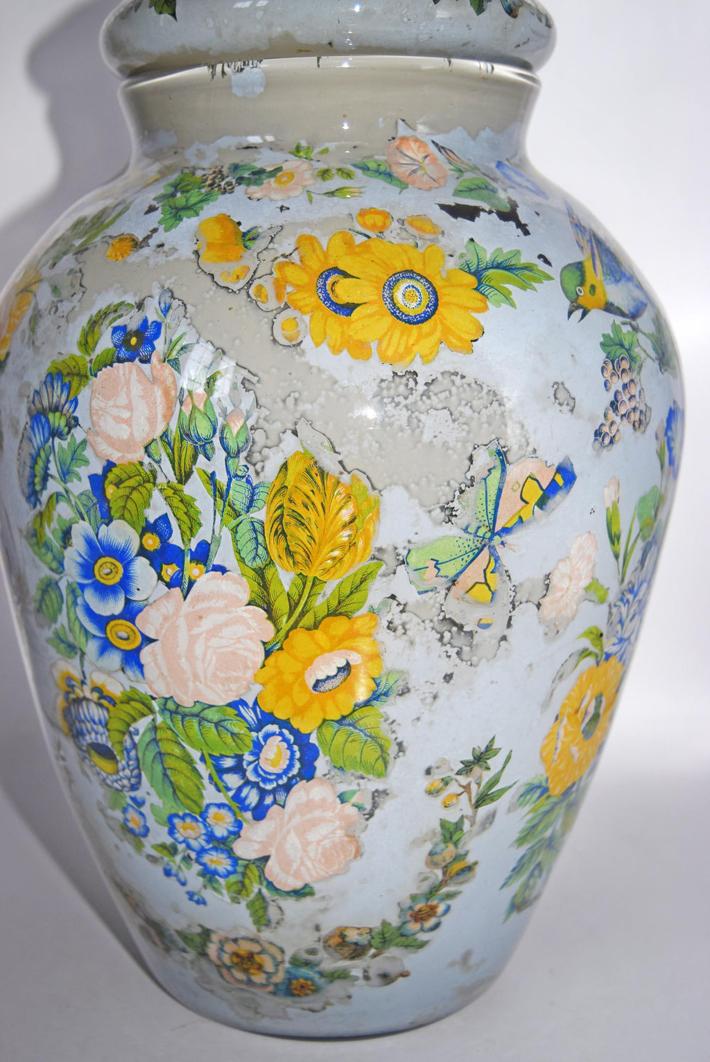 Large Antique Reverse Decalcomania Glass Vase Jar With Lid - Mid 19th Century - RARE FIND