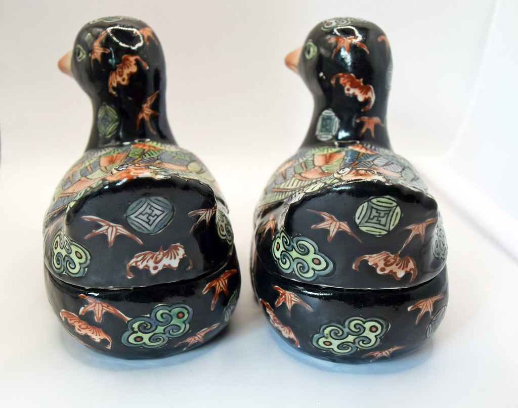 Pair Of Antique Handpainted Ceramic Duck Trinket Boxes