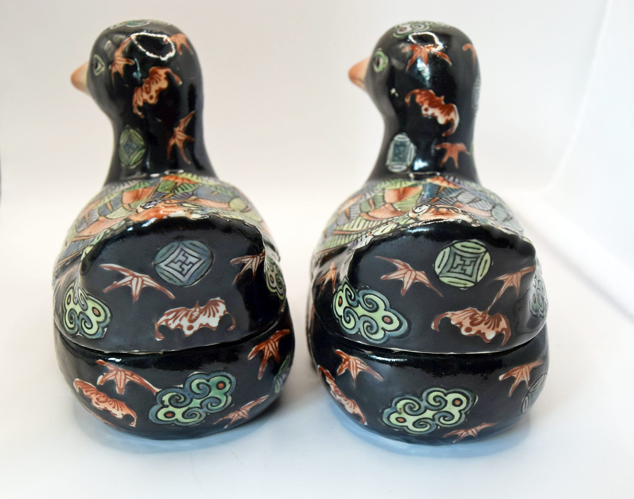 Pair Of Antique Handpainted Ceramic Duck Trinket Boxes