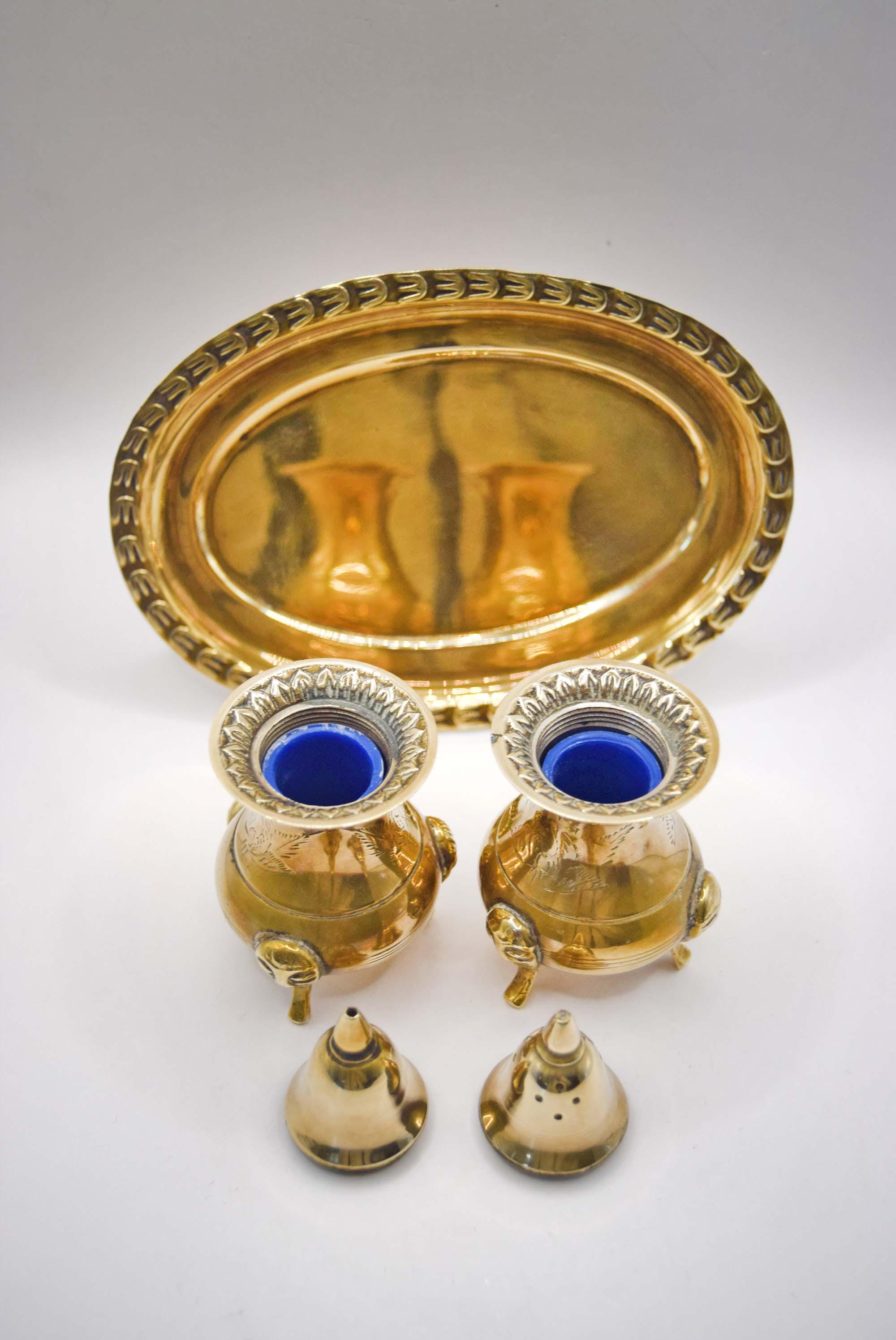 Vintage Brass Condiment Cruet Set with Tray in Original Presentation Box c1950s