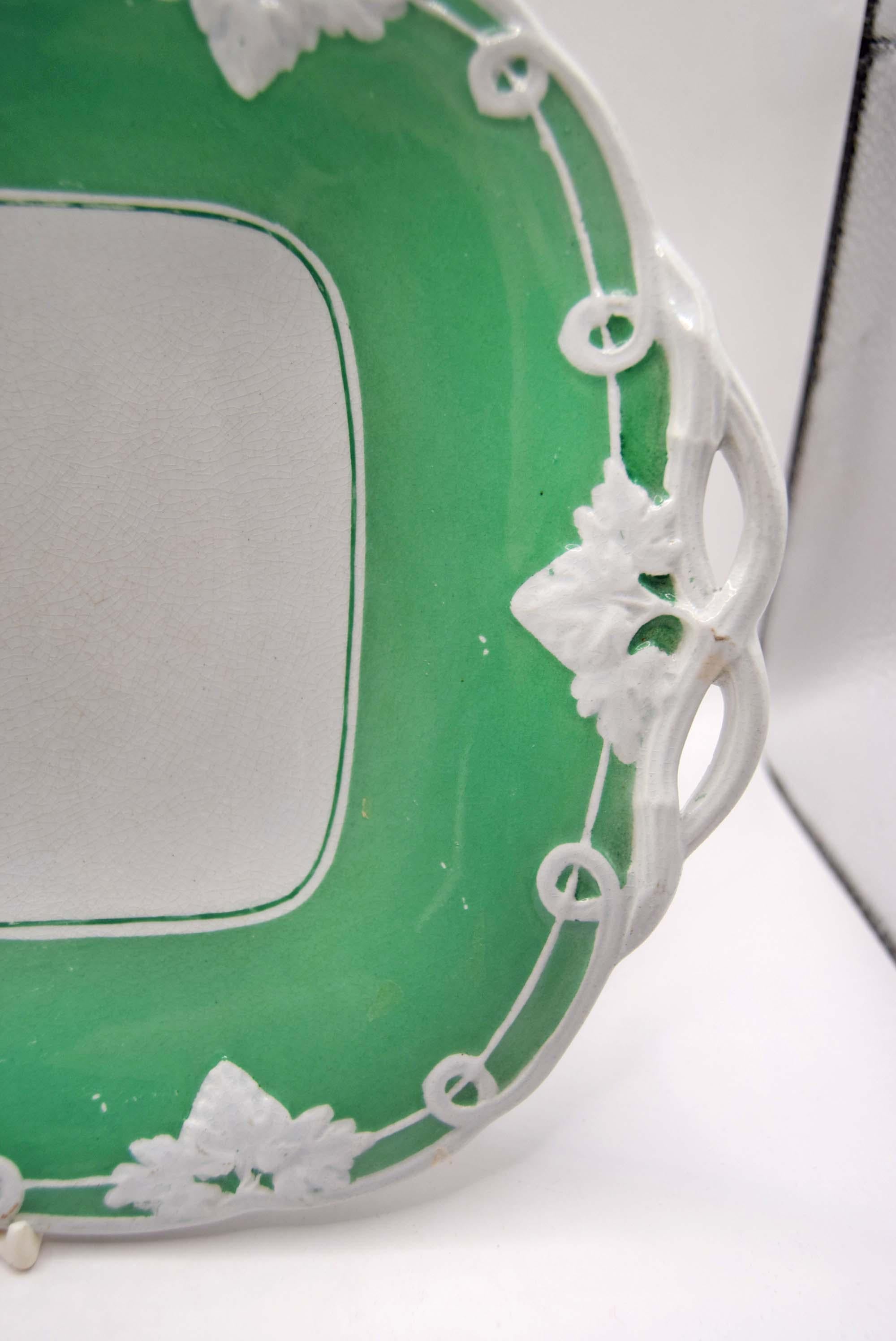 Rare Antique Minton "Opaque Porcelain" Footed Dish â€“ 1840s - Green & White Vine Pattern 5017
