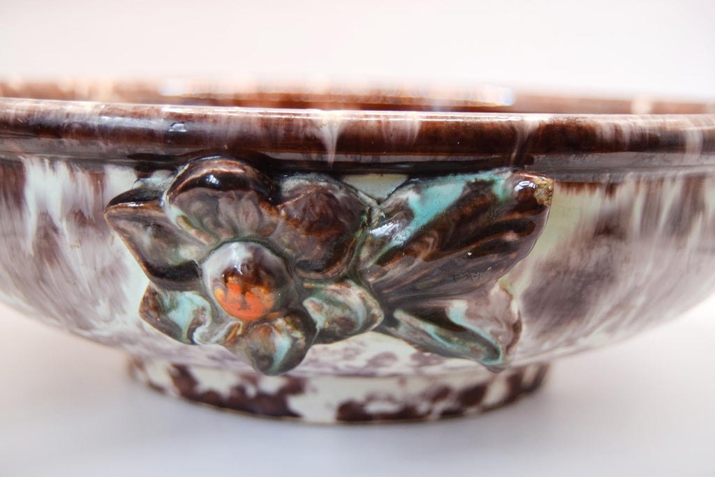 JASBA Keramik German Pottery Fruit Bowl - Brown & Aqua Drip Glaze with Applied Flowers c1950s