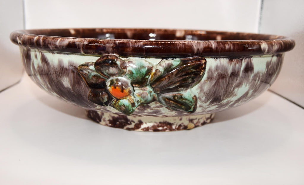 JASBA Keramik German Pottery Fruit Bowl - Brown & Aqua Drip Glaze with Applied Flowers c1950s