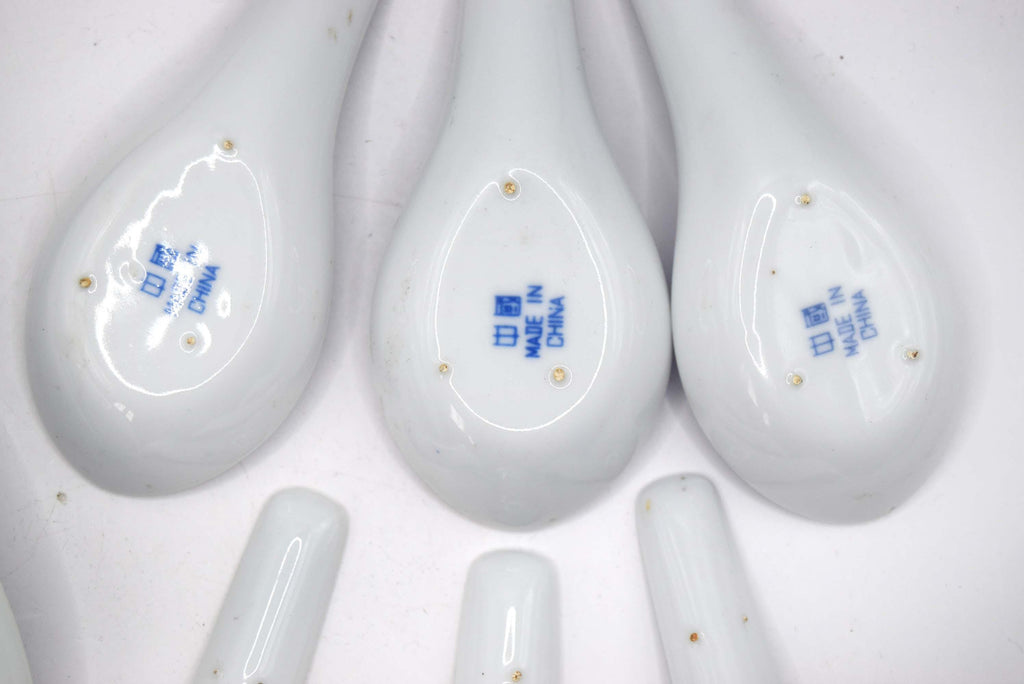 7 Piece Porcelain Chinese Spoon Soup Set White Blue Patterned Asian Ceramics