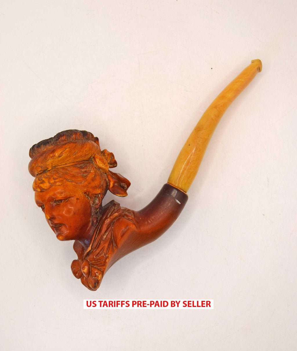 Victorian Carved Meerschaum Lady's Head Pipe Amber Bakelite Stem