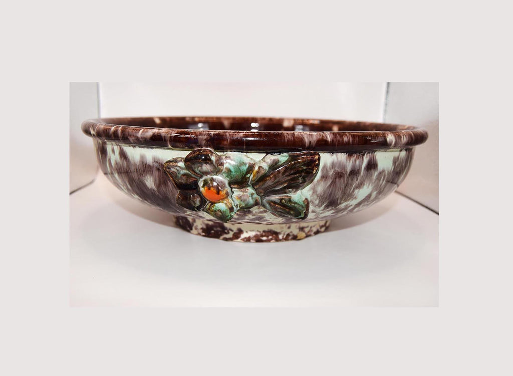 JASBA Keramik German Pottery Fruit Bowl-Brown &amp; Aqua Drip Glaze with Applied Flowers c1950s 