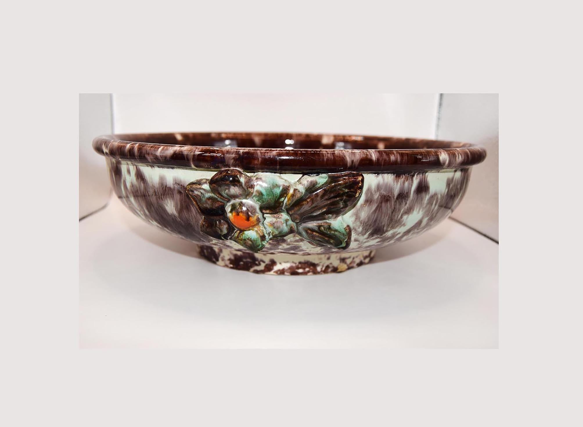 JASBA Keramik German Pottery Fruit Bowl-Brown &amp; Aqua Drip Glaze with Applied Flowers c1950s 