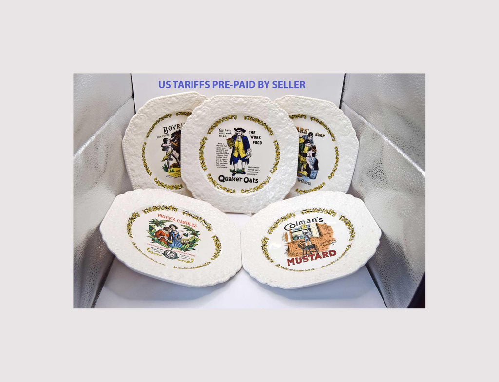 Set of decorative plates with branding on a white background