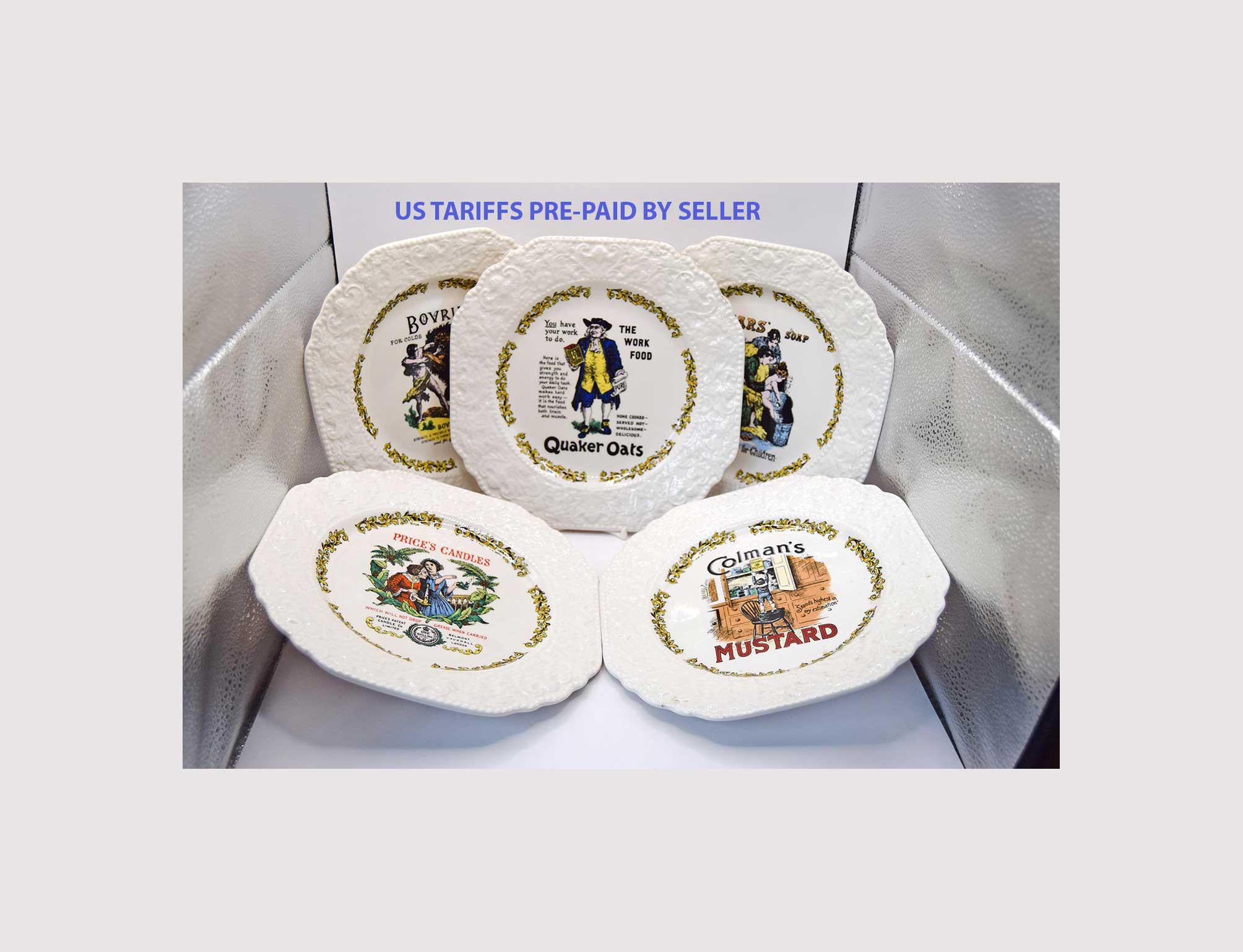 Set of decorative plates with branding on a white background