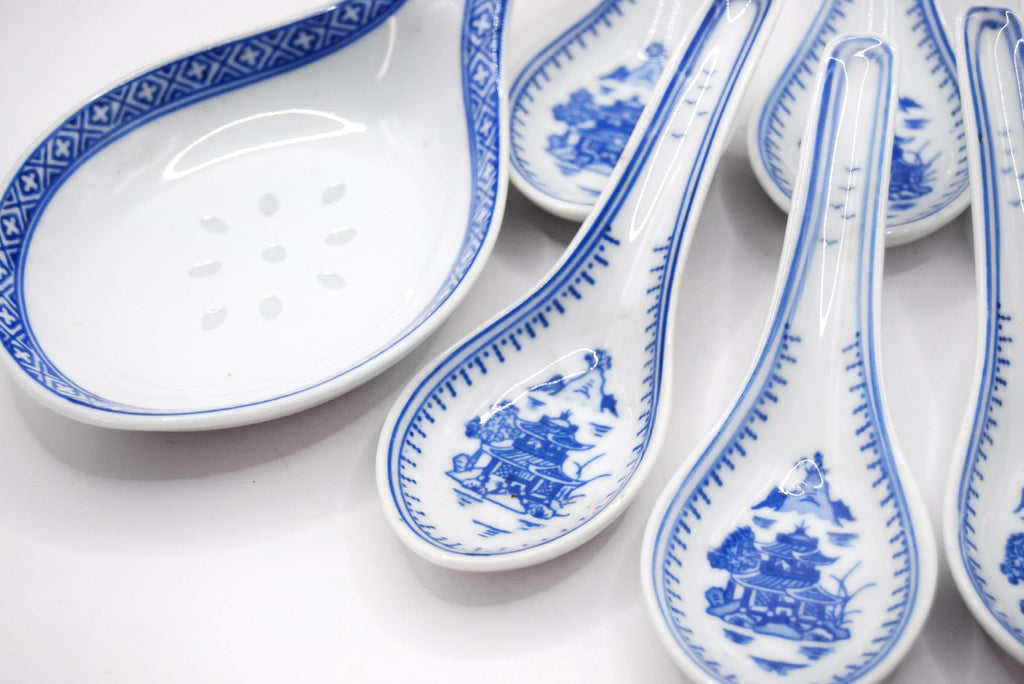 7 Piece Porcelain Chinese Spoon Soup Set White Blue Patterned Asian Ceramics