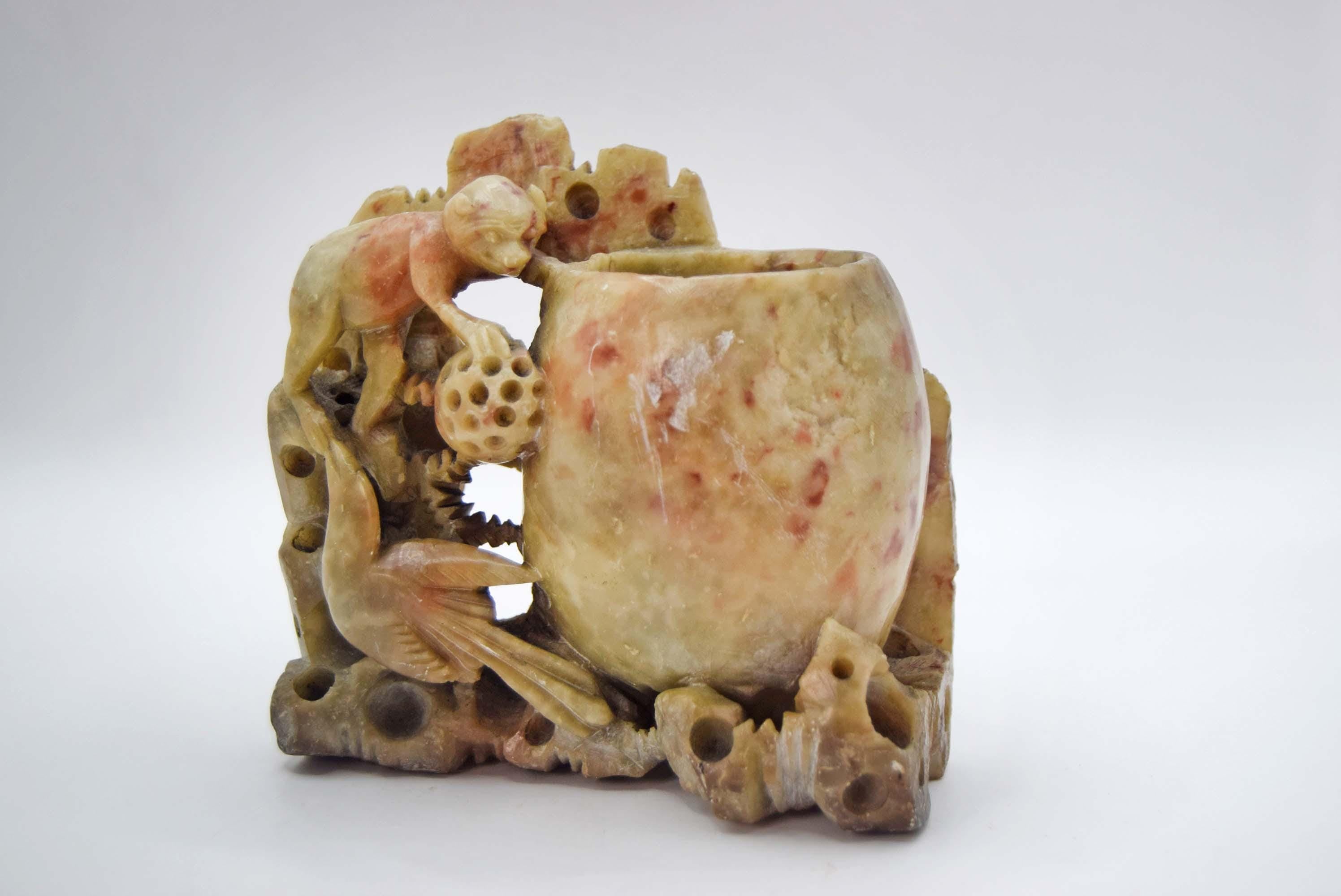 Antique Chinese Soapstone Brush Pot, Hand Carved Republic Period (1912-1949)