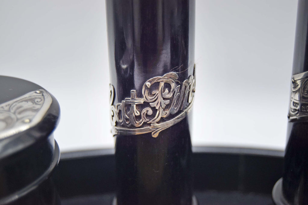 Antique Victorian Ebony and Hallmarked Silver Dressing Table Vanity Set - c1890s