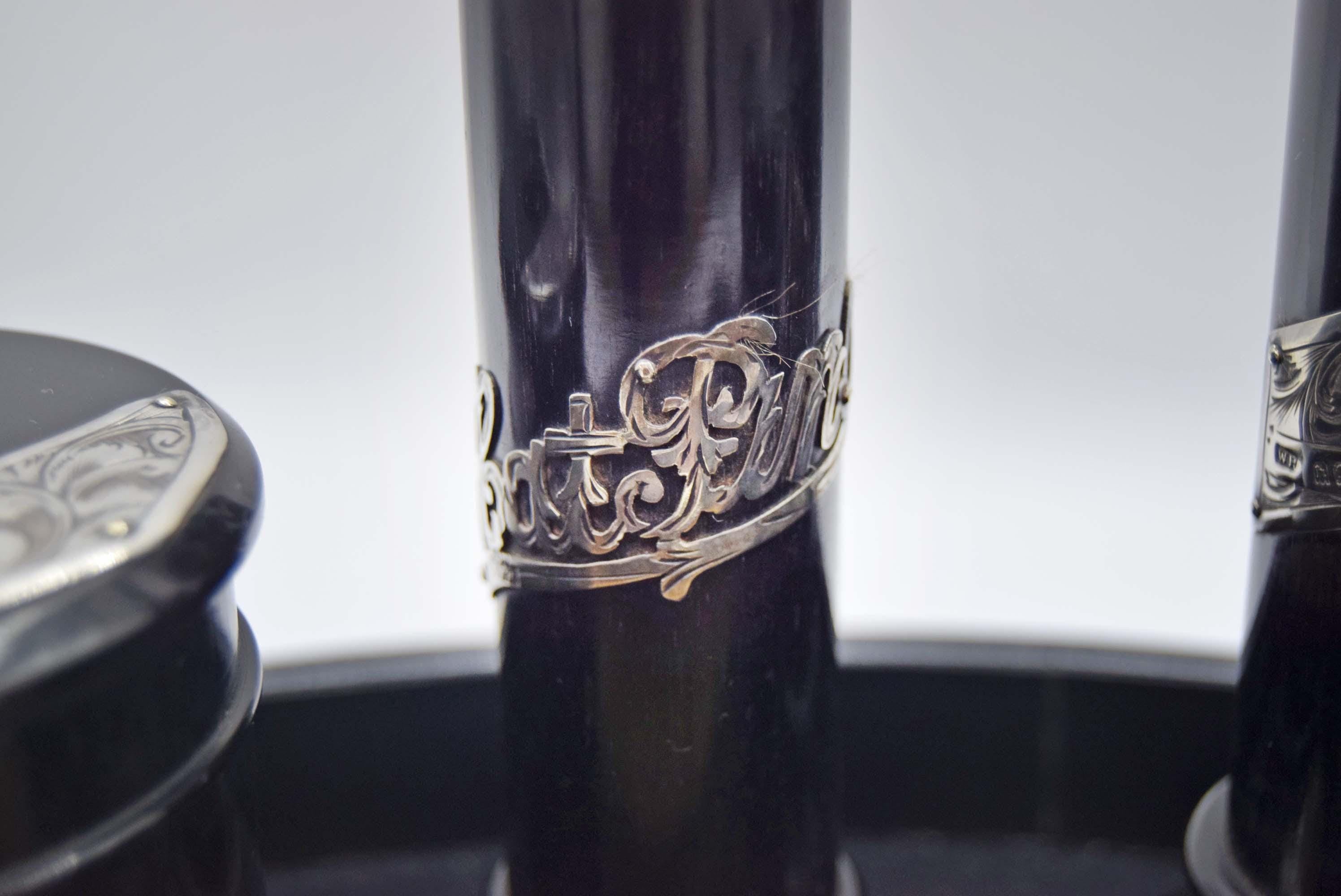Antique Victorian Ebony and Hallmarked Silver Dressing Table Vanity Set - c1890s