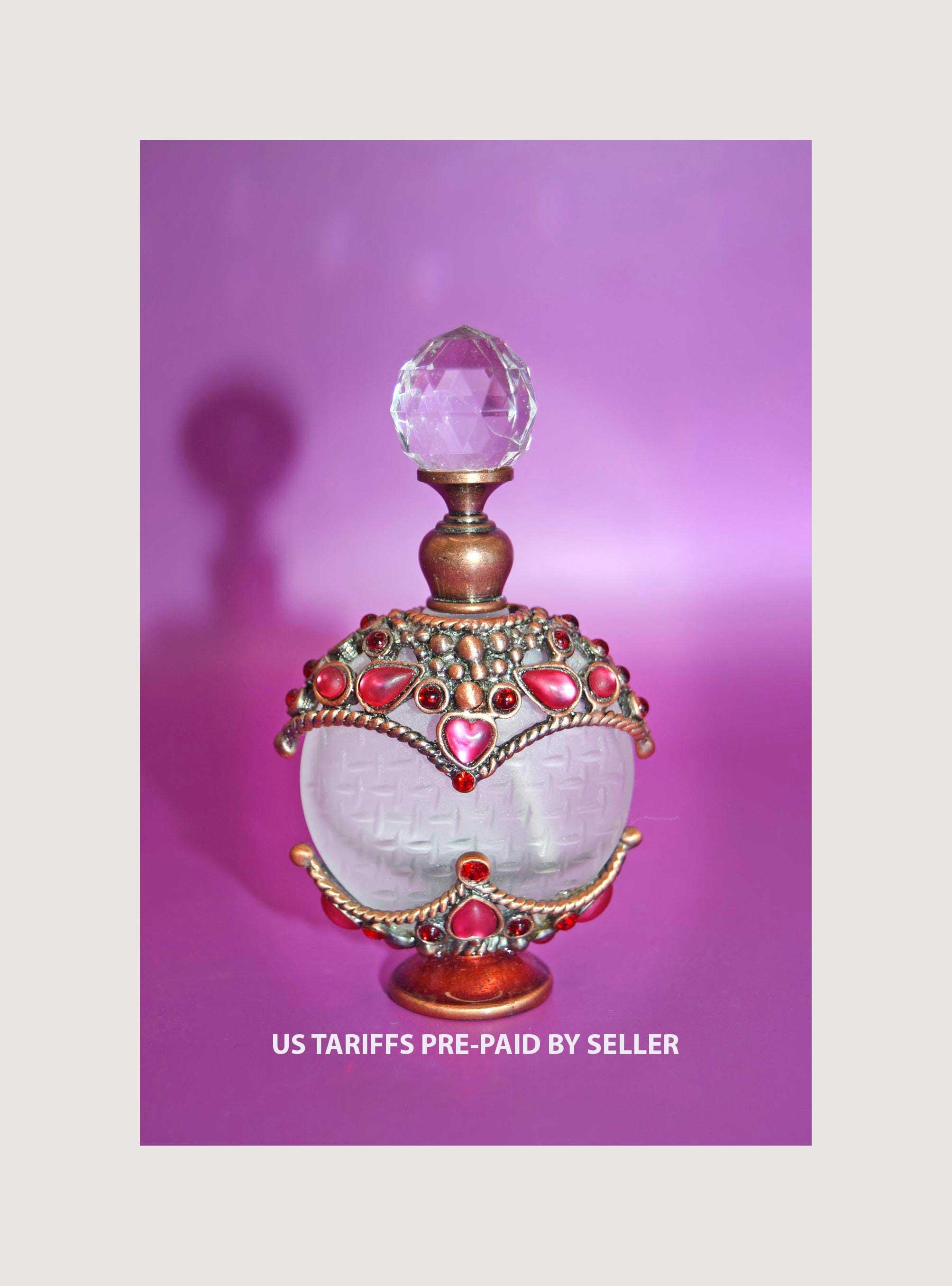 Vintage Perfume Bottle: 1940s Rhinestone Bronze Basket, Crystal Finial
