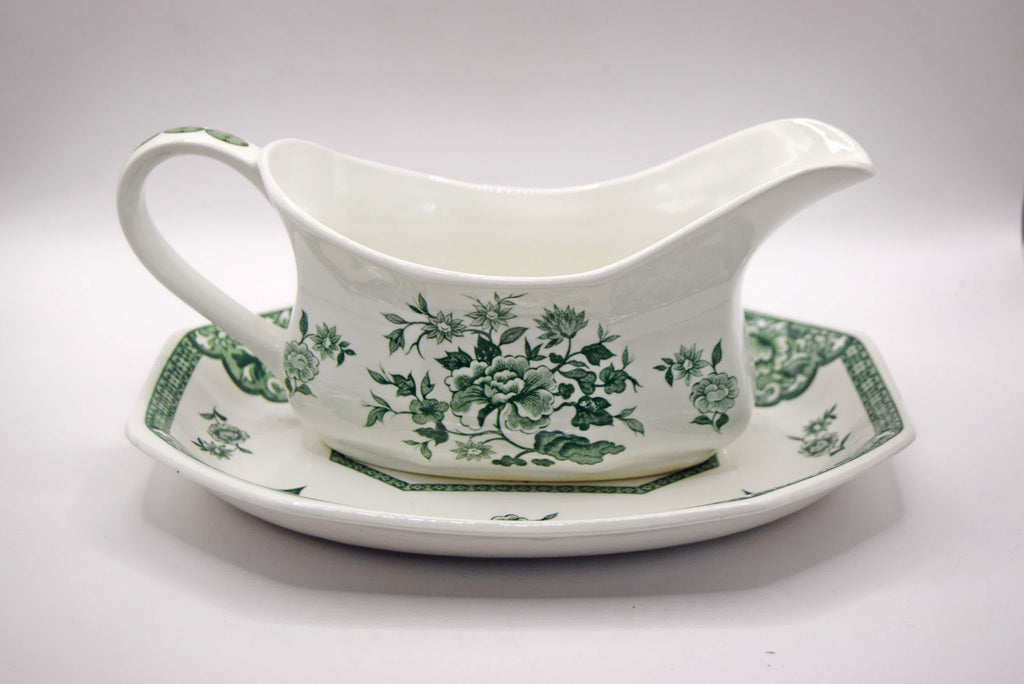 Vintage Royal Staffordshire Old Pekin Green Ironstone Gravy Boat with Saucer