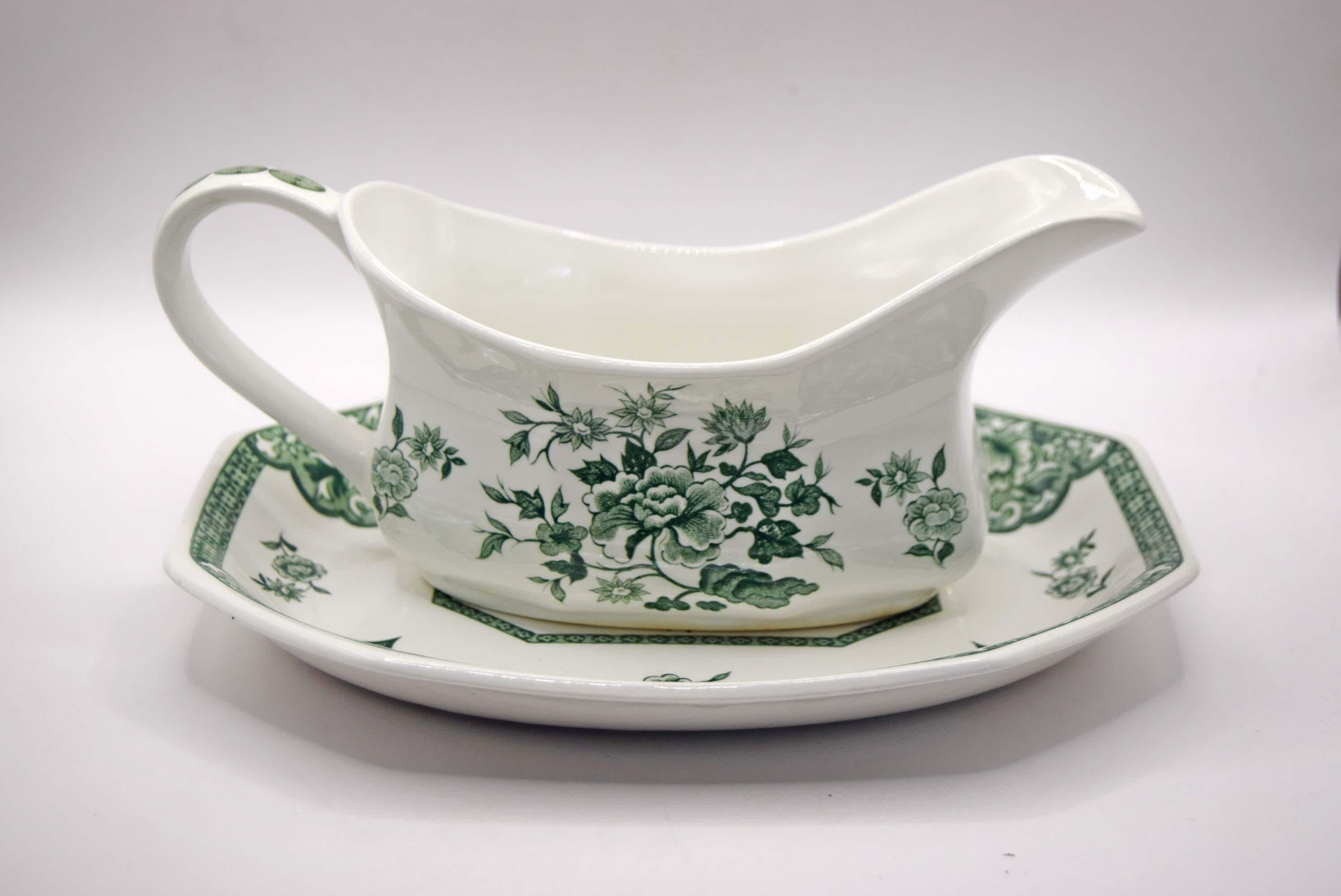 Vintage Royal Staffordshire Old Pekin Green Ironstone Gravy Boat with Saucer
