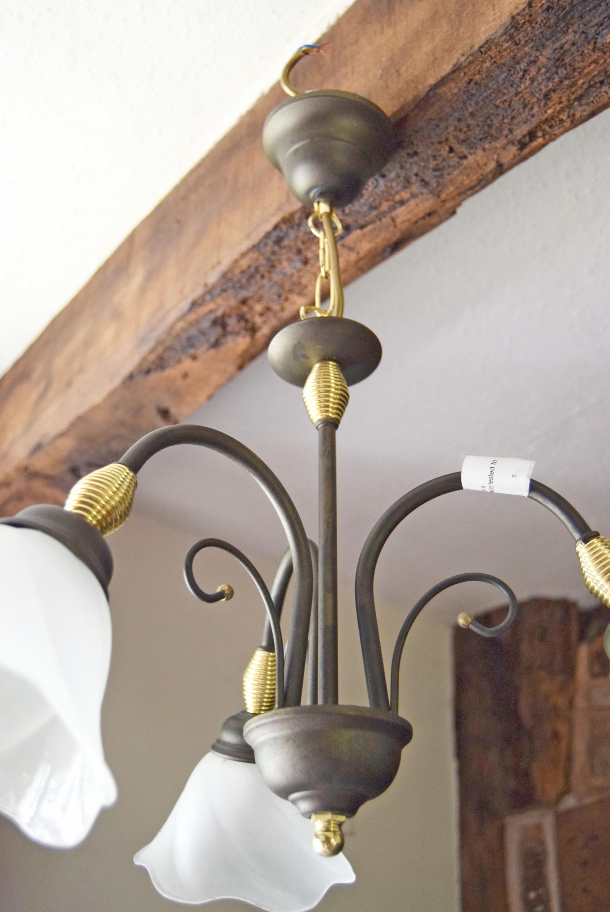 Vintage Tulip Chandelier: Frosted Glass & Brass Accent - Retro Light
