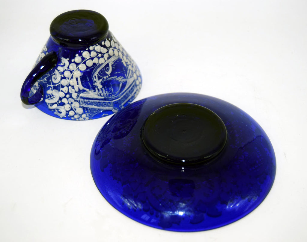 Vintage Murano Glass Cup and Saucer: Cobalt Blue & Ivory Lace, c1960s