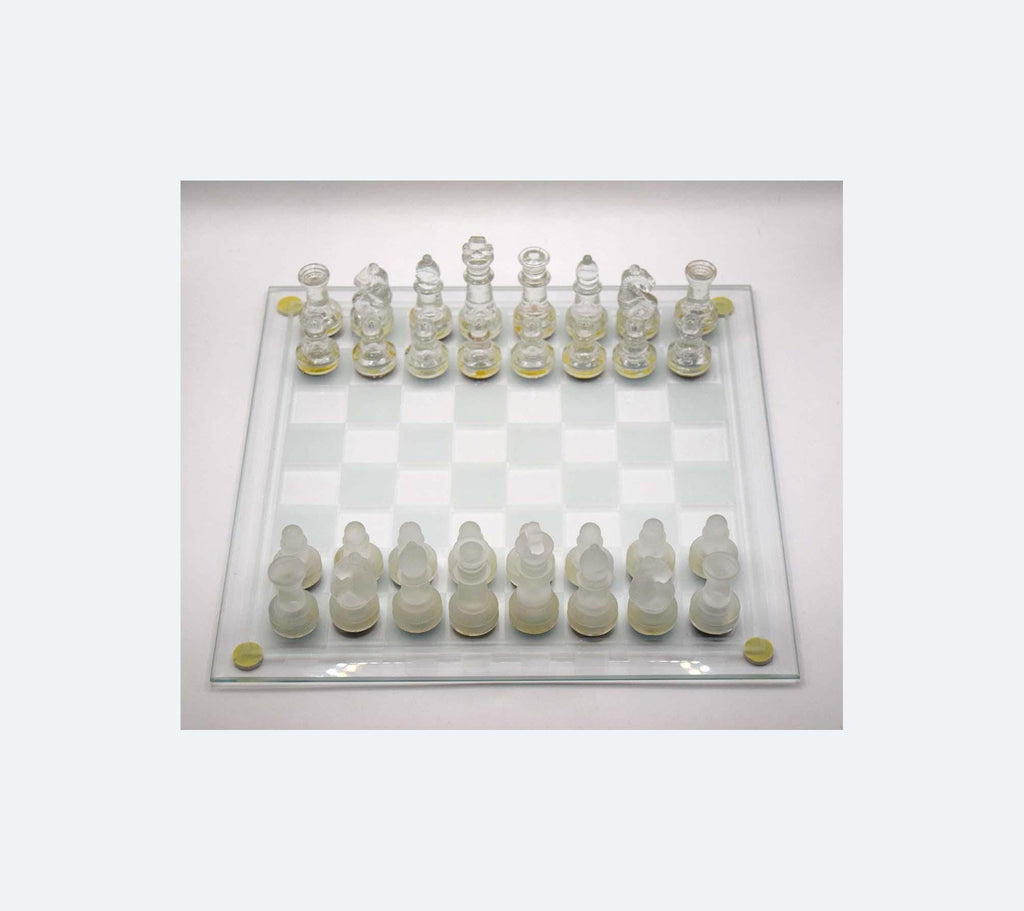 Vintage Glass Chess Set | Frosted and Clear pieces | 25cm x 25cm board
