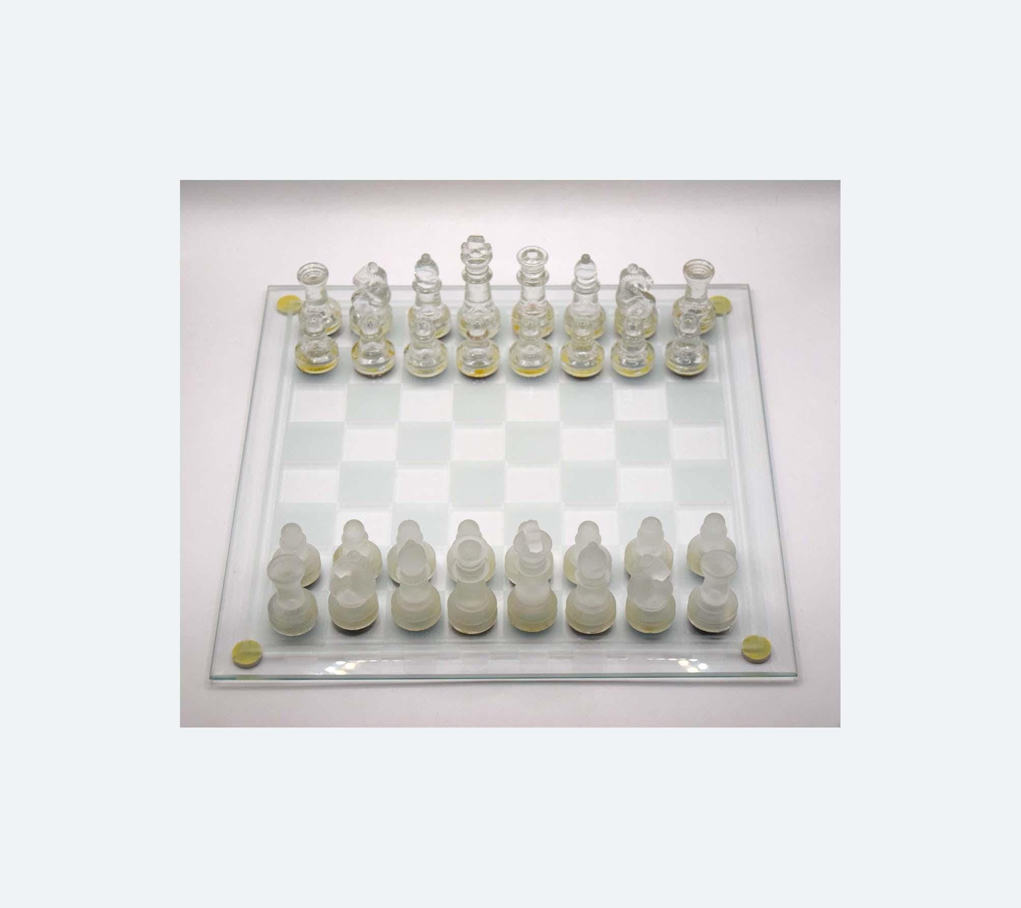 Vintage Glass Chess Set | Frosted and Clear pieces | 25cm x 25cm board