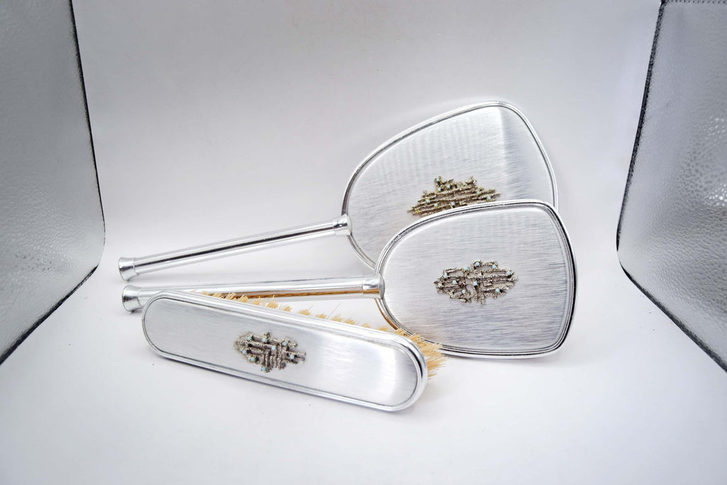 Vintage Silver Vanity Set – Turquoise Beaded Mirror & Brushes