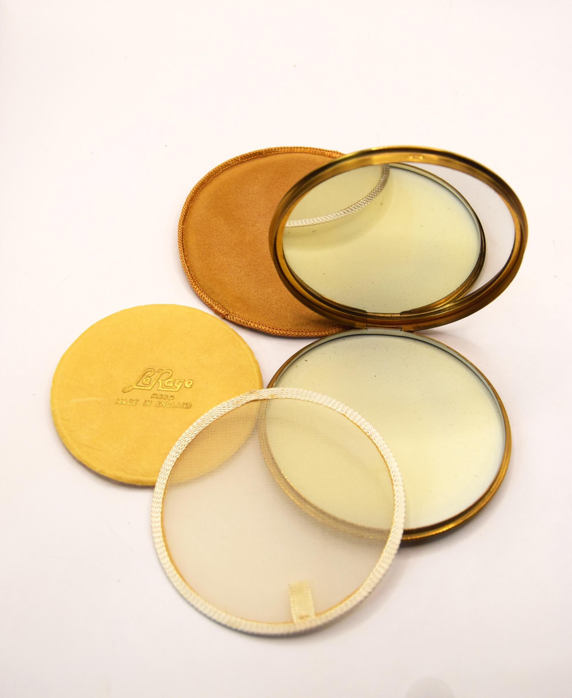 Vintage Le Rage Powder Compact & Pouch Gold Tone 1950