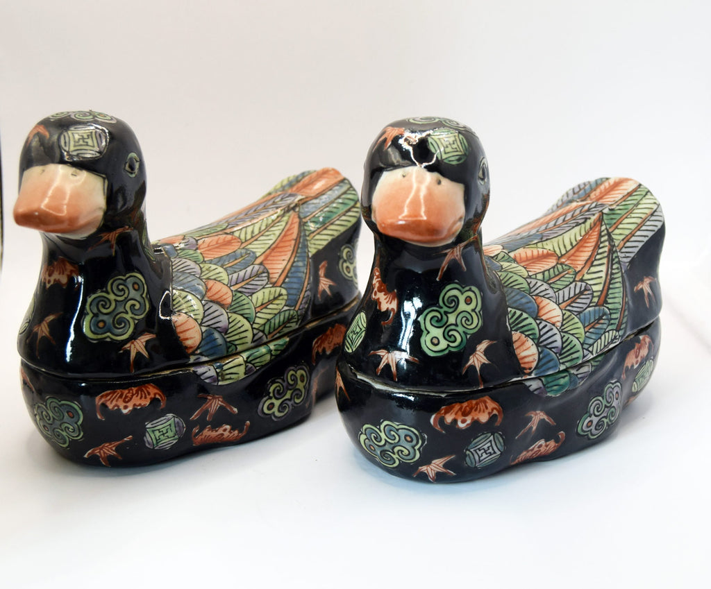 Pair Of Antique Handpainted Ceramic Duck Trinket Boxes