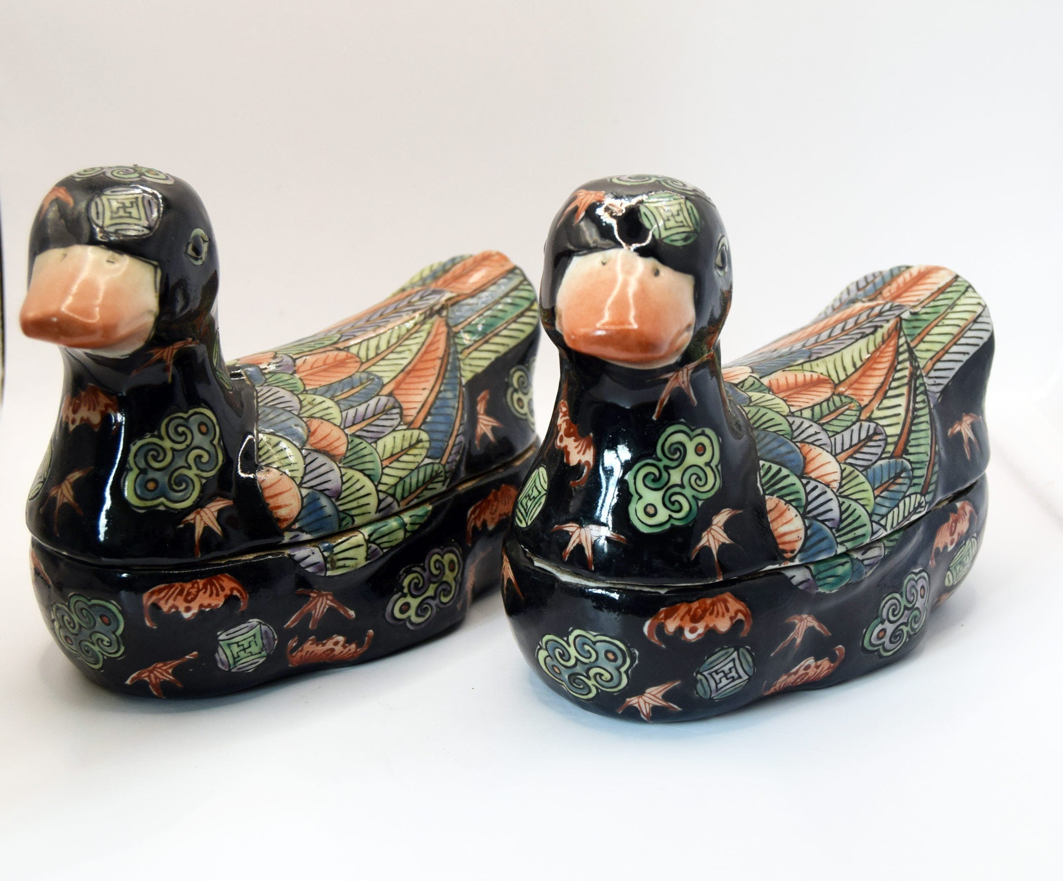 Pair Of Antique Handpainted Ceramic Duck Trinket Boxes