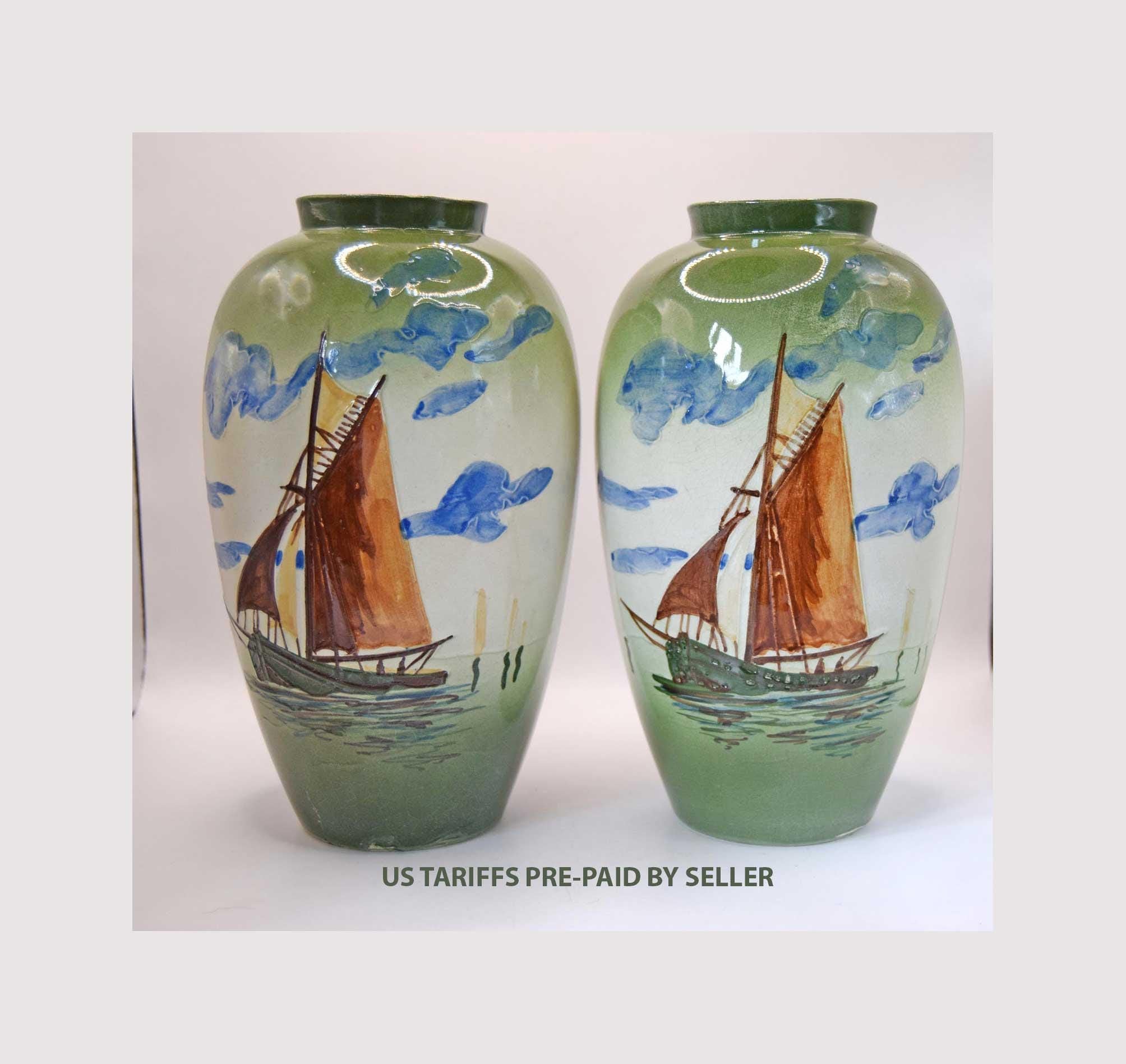 2 x Vintage Ceramic Vases with Hand Painted Boating Scenes | c1930s