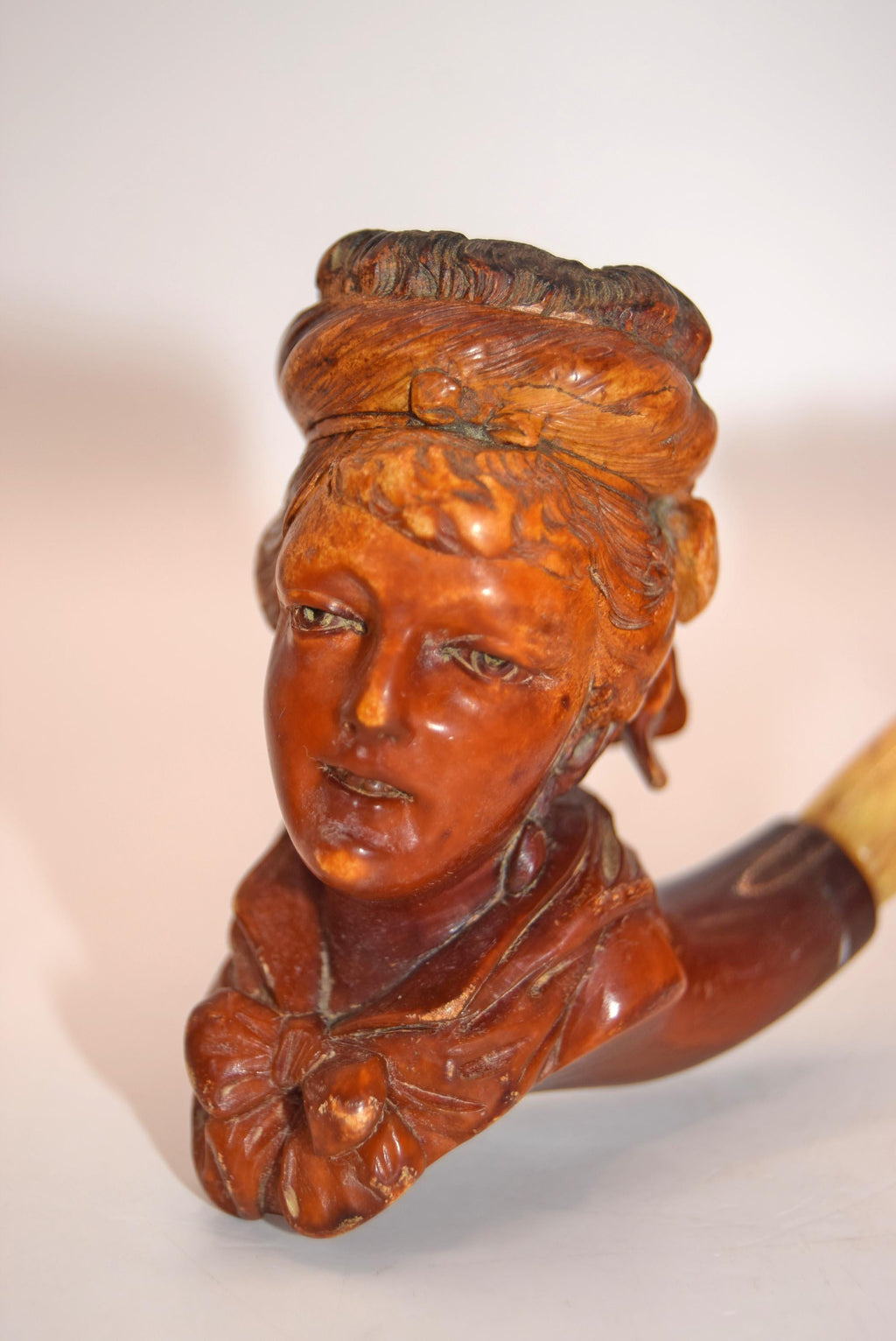 Victorian Carved Lady's Head Figurine Antique Collectible with Amber Bakelite Stem