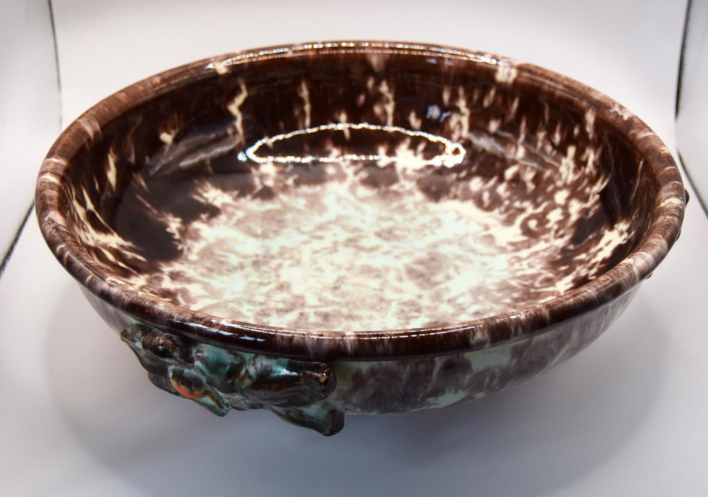 JASBA Keramik German Pottery Fruit Bowl-Brown &amp; Aqua Drip Glaze with Applied Flowers c1950s 