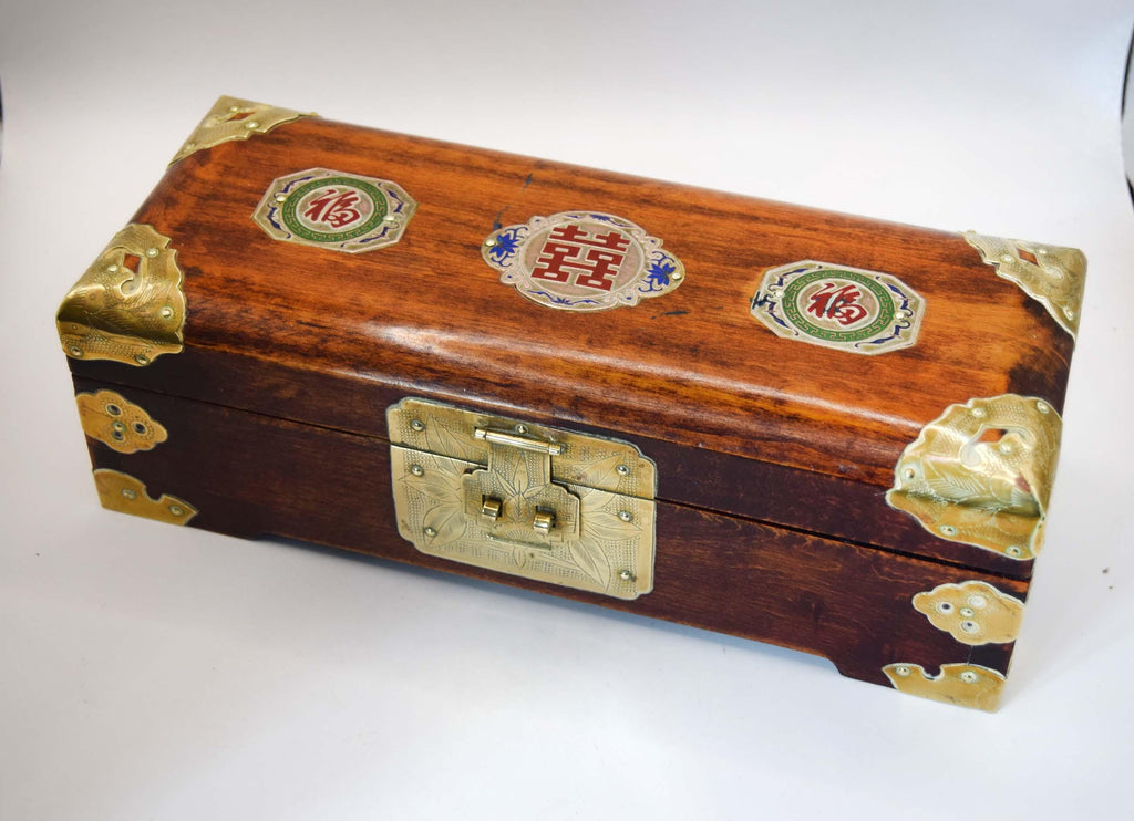 Oriental Rosewood Jewelry Box | Brass & Enamel | Silk Lined | Mid Century c1950s
