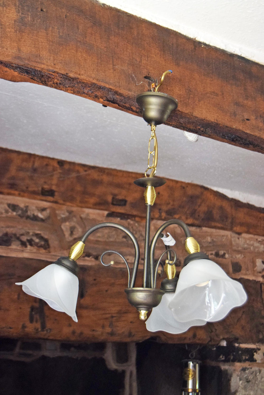 Vintage Tulip Chandelier: Frosted Glass & Brass Accent - Retro Light