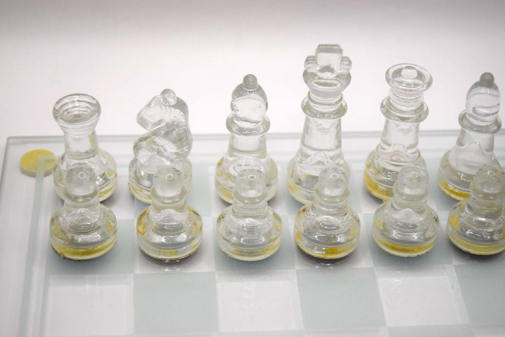 Vintage Glass Chess Set | Frosted and Clear pieces | 25cm x 25cm board