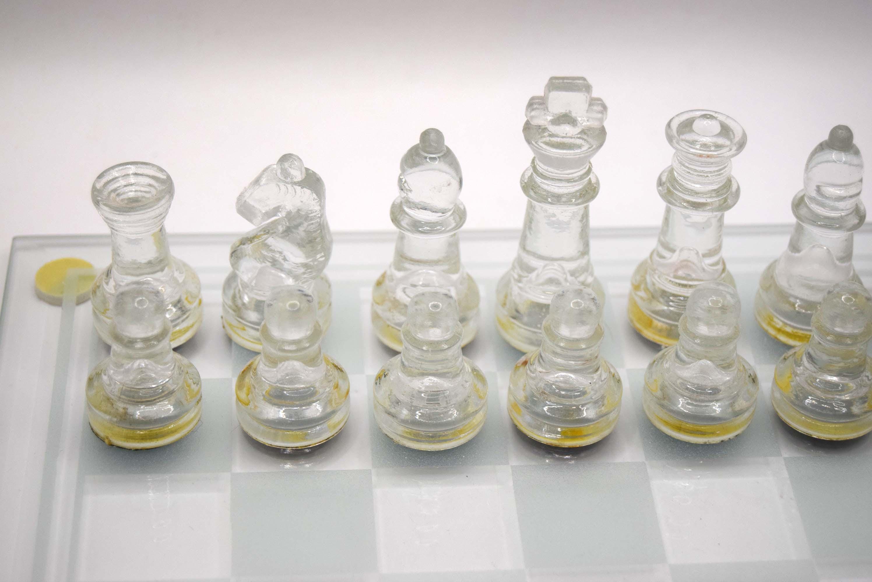 Vintage Glass Chess Set | Frosted and Clear pieces | 25cm x 25cm board