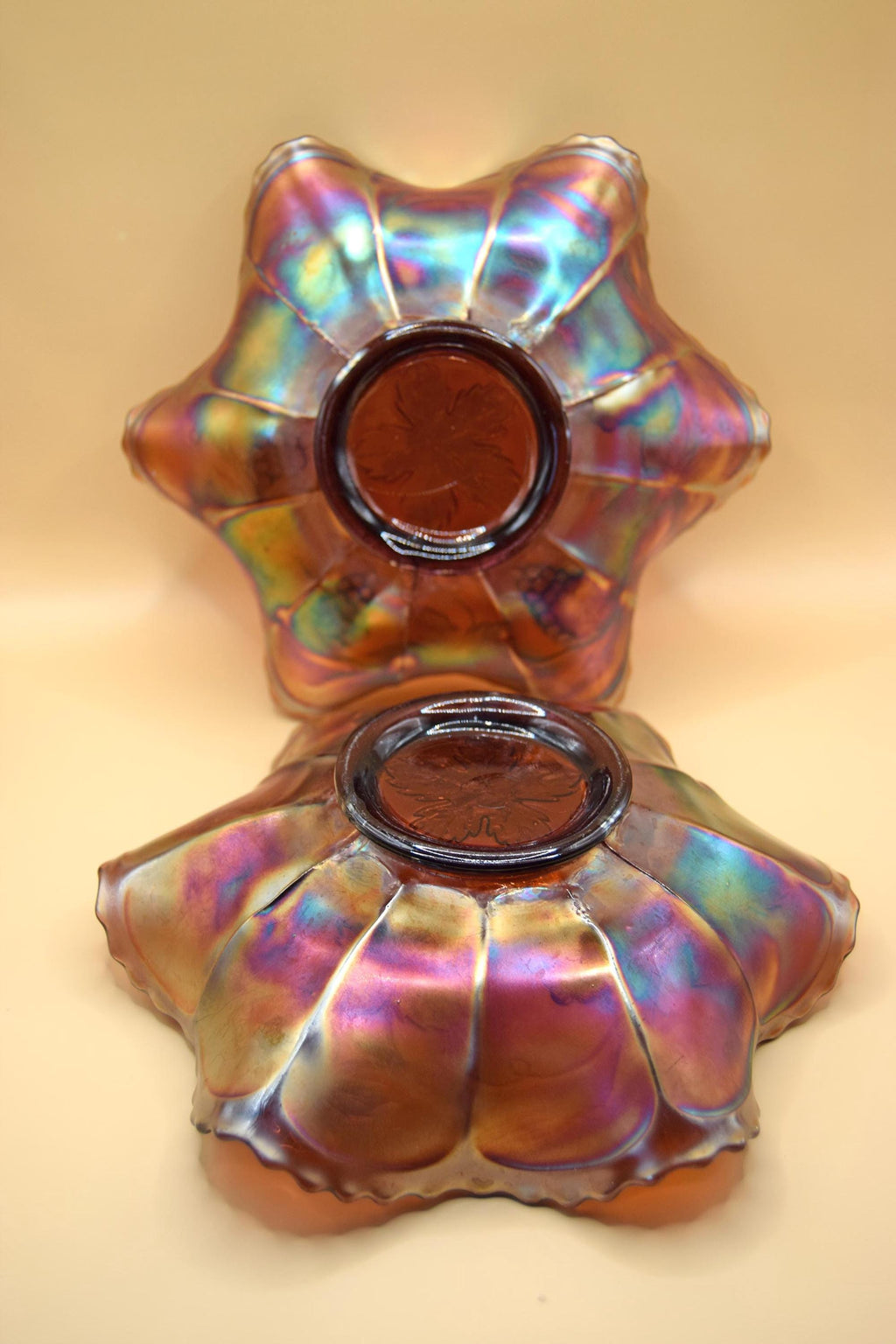 Pair of Fenton Grape Carnival Glass Fruit/Sweet Bowl Ruffled Iridescent c1930s