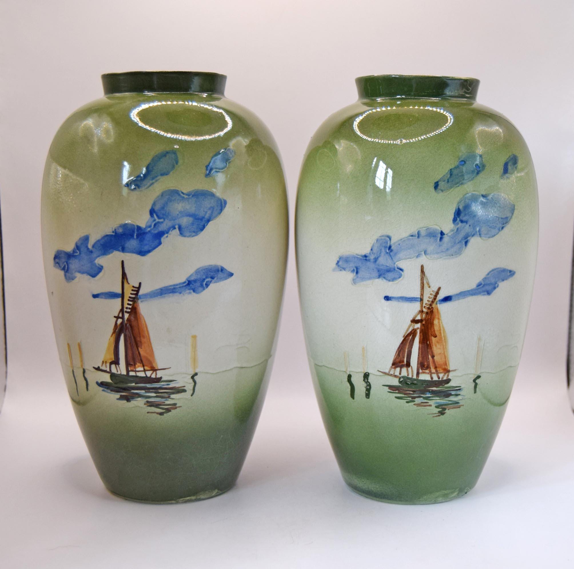 2 x Vintage Ceramic Vases with Hand Painted Boating Scenes | c1930s