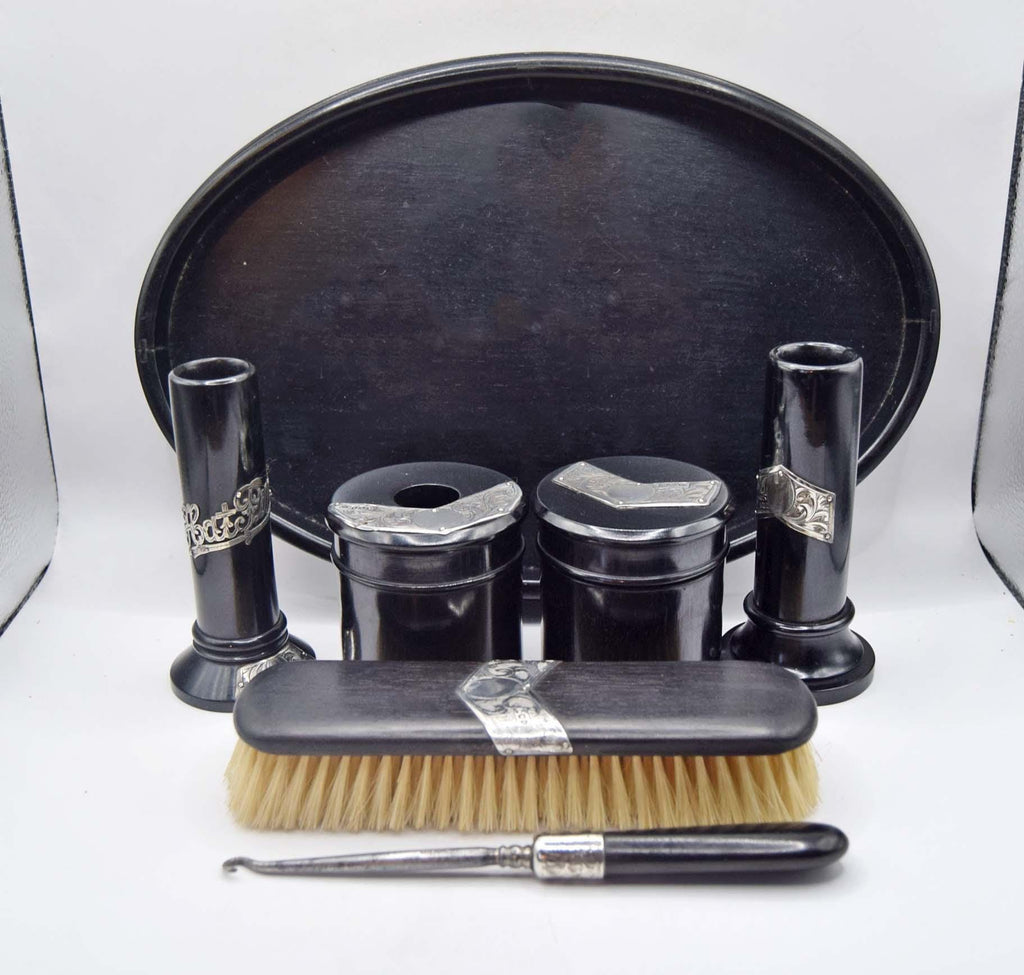 Antique Victorian Ebony and Hallmarked Silver Dressing Table Vanity Set - c1890s