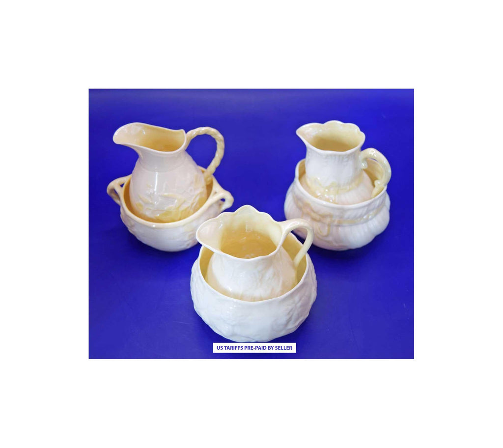 Belleek Ireland Porcelain Set of 3 Cream jugs and Sugar Bowls - c1940s Displayed only. No signs of use. 