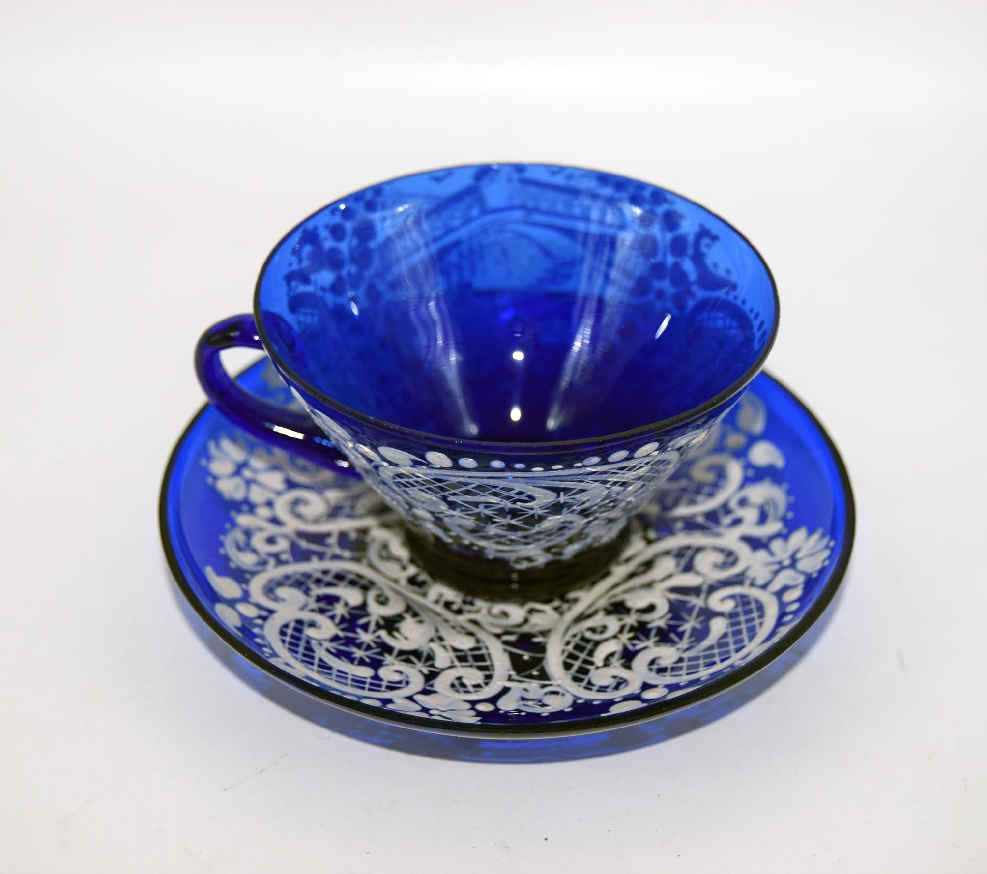 Vintage Murano Glass Cup and Saucer: Cobalt Blue & Ivory Lace, c1960s