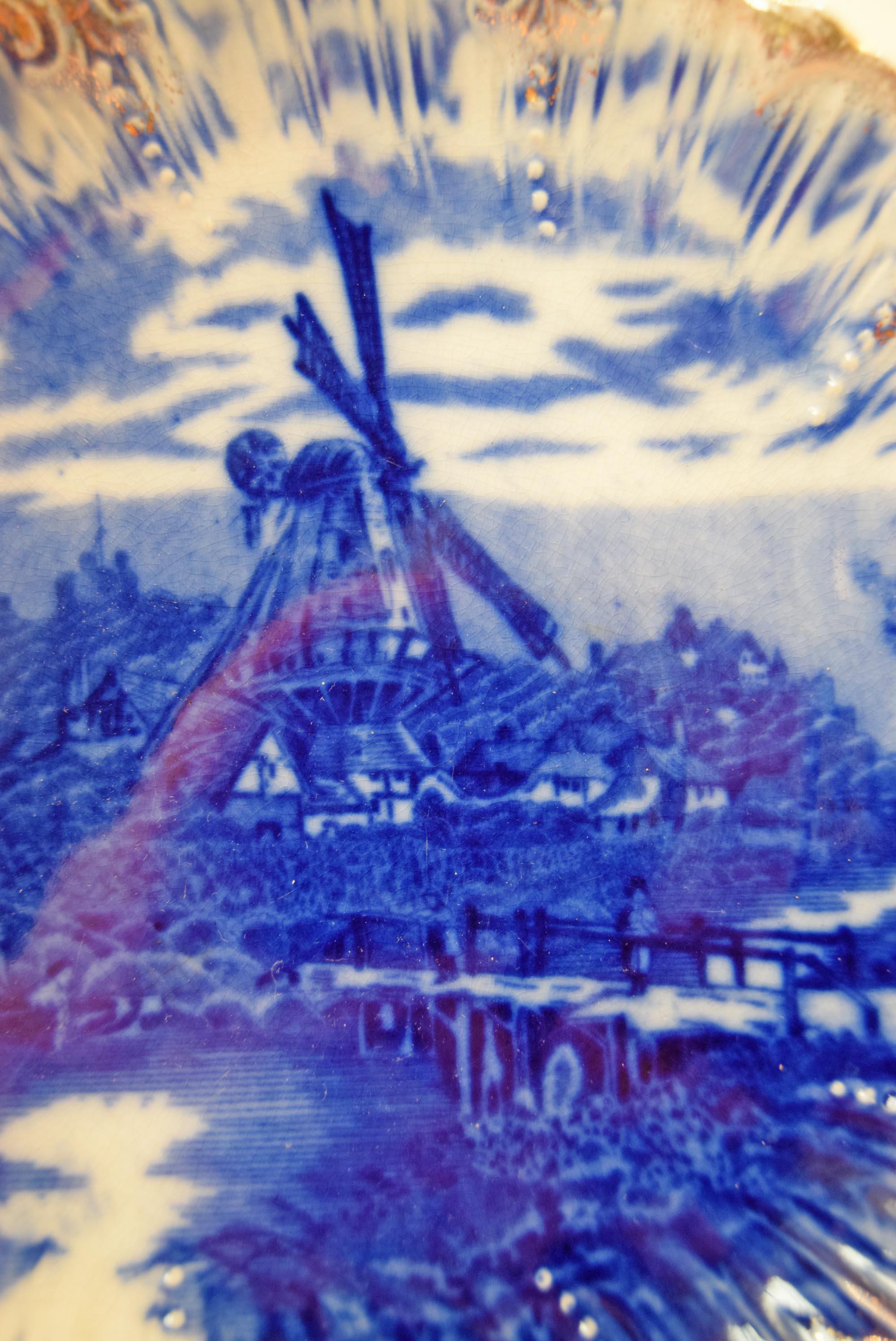 Antique Windmill Plate - Victorian English Transferware Dish - Flow Blue design