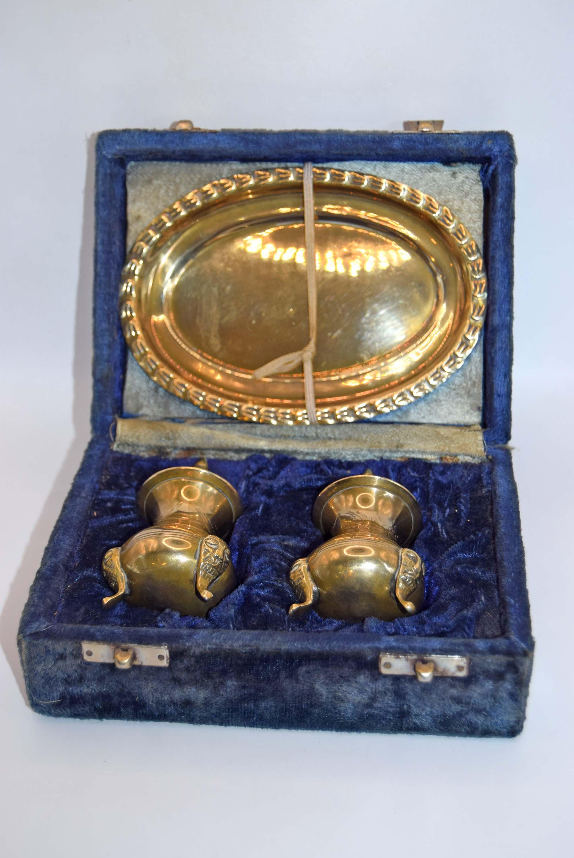 Vintage Brass Condiment Cruet Set with Tray in Original Presentation Box c1950s