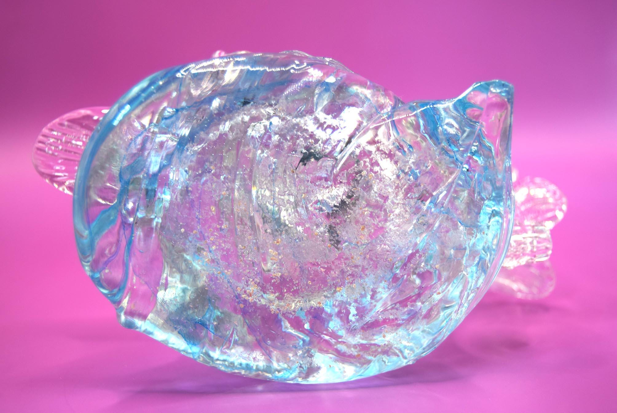 Vintage Italian Clear Glass Toucan and flower on blue rock  c1980s