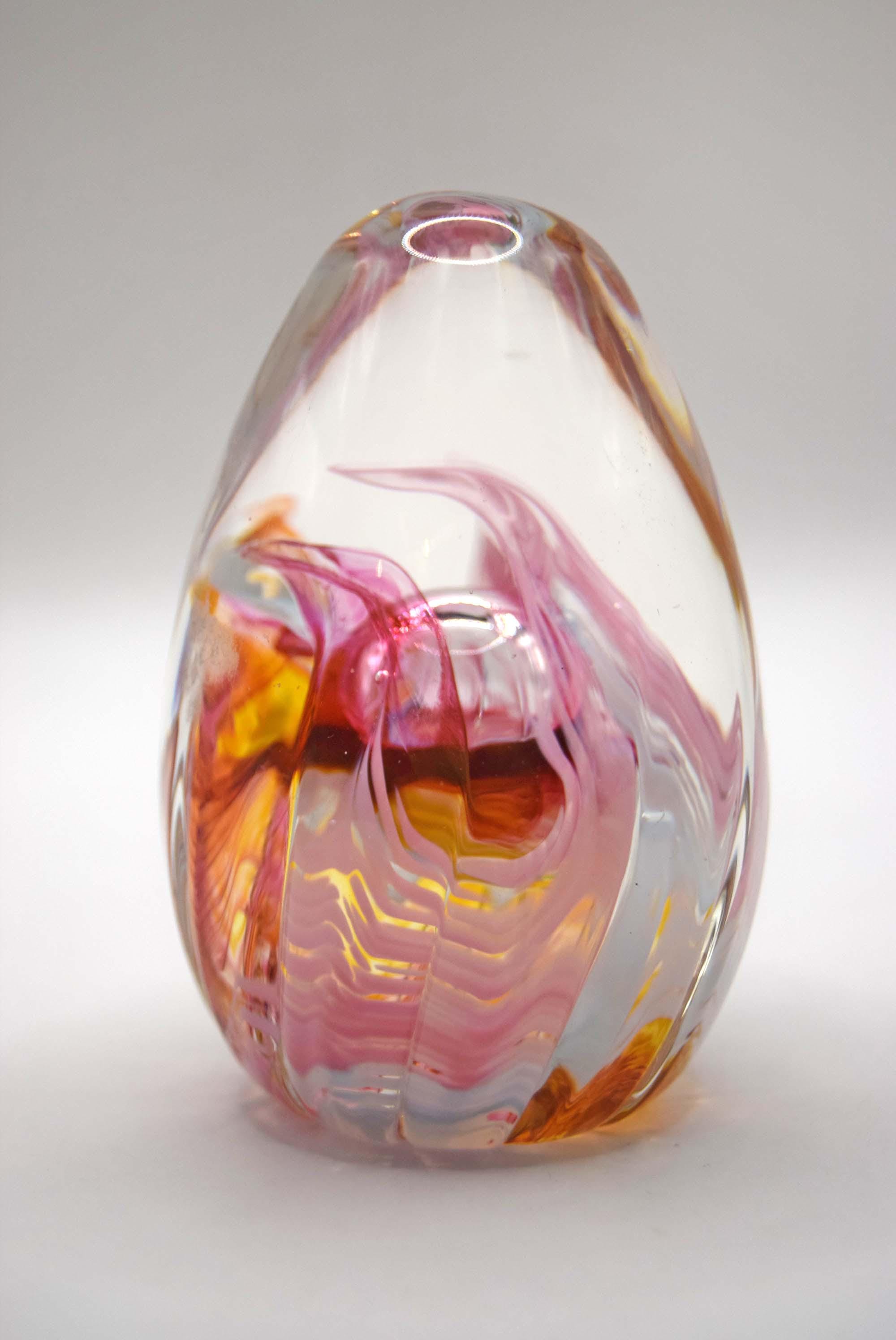 Pretty Vintage Selkirk Art Glass Paperweight Swirl Pink Grey Ribbed Scotland